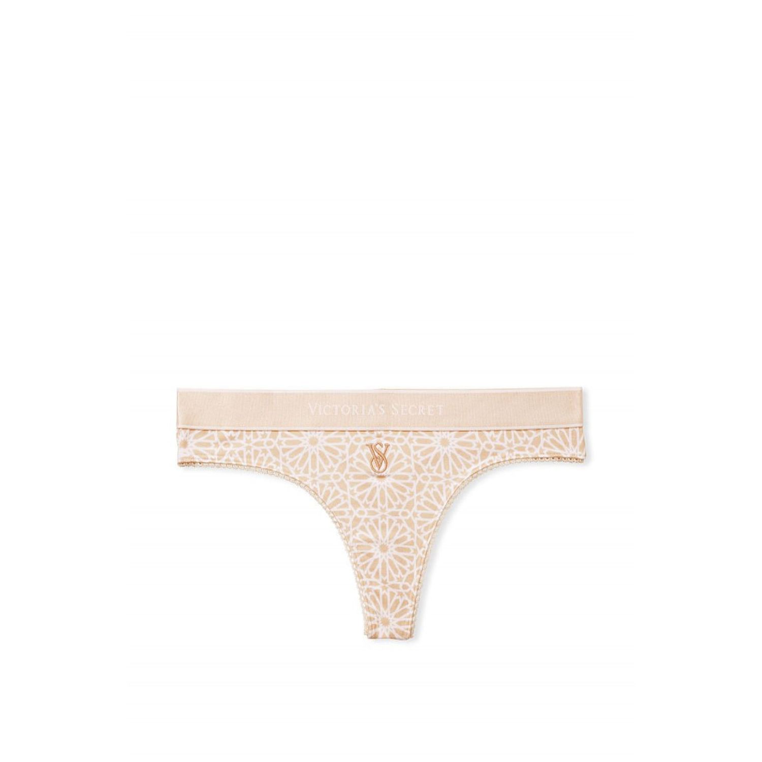 Chiloti tanga Victoria's Secret, Logo Cotton Thong Panty, Crem/Florali, M INTL fotografia produsului