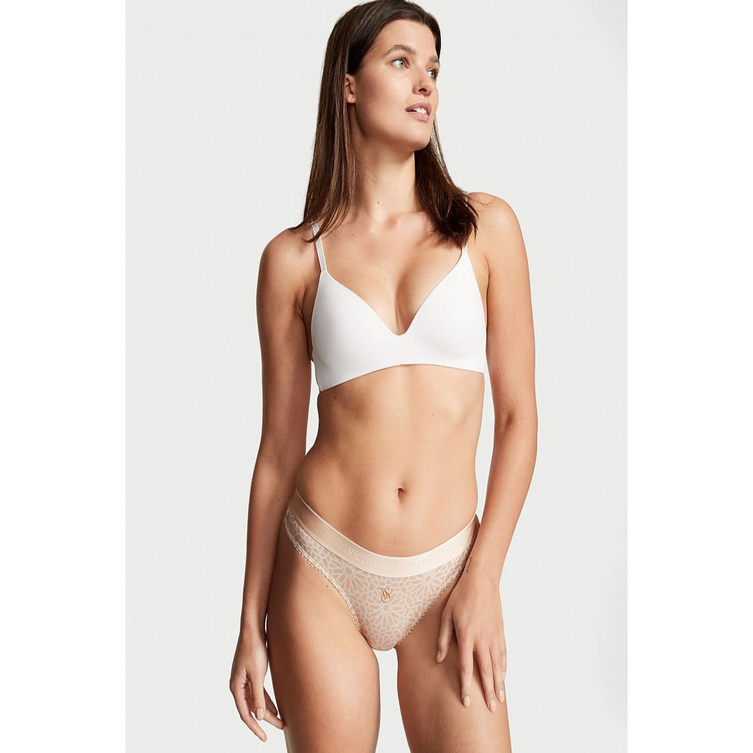 Chiloti tanga Victoria's Secret, Logo Cotton Thong Panty, Crem/Florali, M INTL fotografia produsului View 2 L