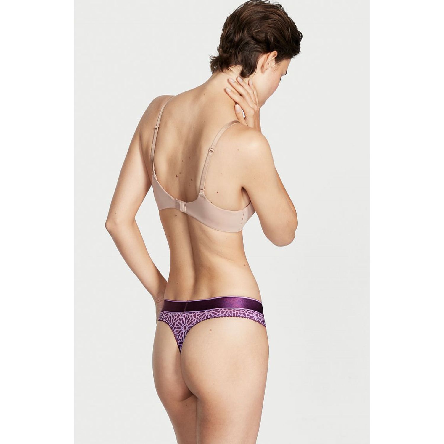 Chiloti tanga Victoria's Secret, Logo Cotton Thong Panty, Mov/Florali, S INTL fotografia produsului View 3 L