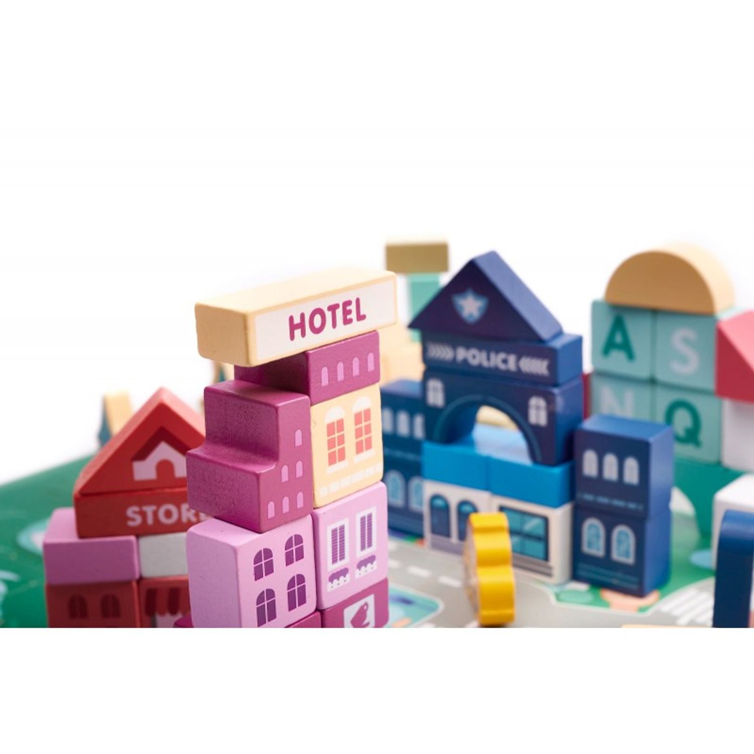 Set 100 cuburi din lemn educative tip puzzle, Model Oras  55 X 42 cm fotografia produsului View 8 L
