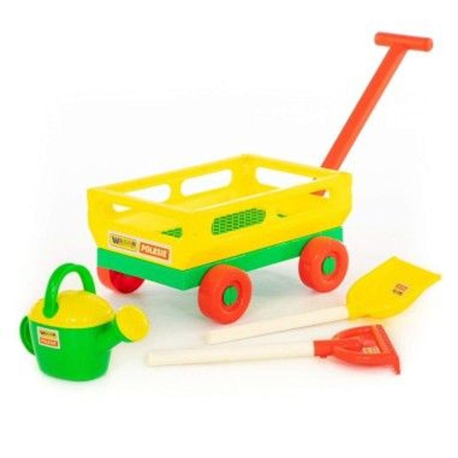 Set carucior pentru copii cu lopata , grebla si stropitoare , lungime 43 cm fotografia produsului