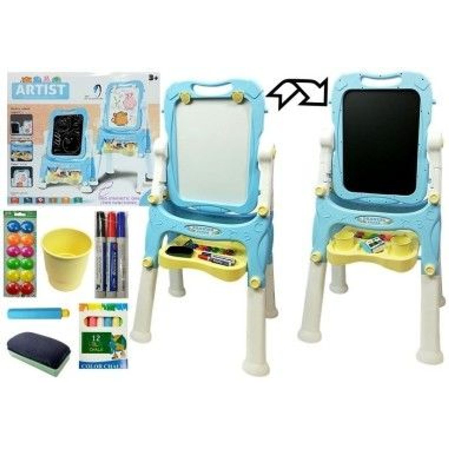 Tabla de scris pentru copii, cu doua fete si accesorii, albastra, LeanToys, 4865 fotografia produsului