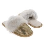 Papuci de casa din blana pufoasa naturala de miel si talpa moale, culoare auriu cu alb „murdar”, marimea 42, MAGAZINUL DE GENTI fotografia produsului View 4 S
