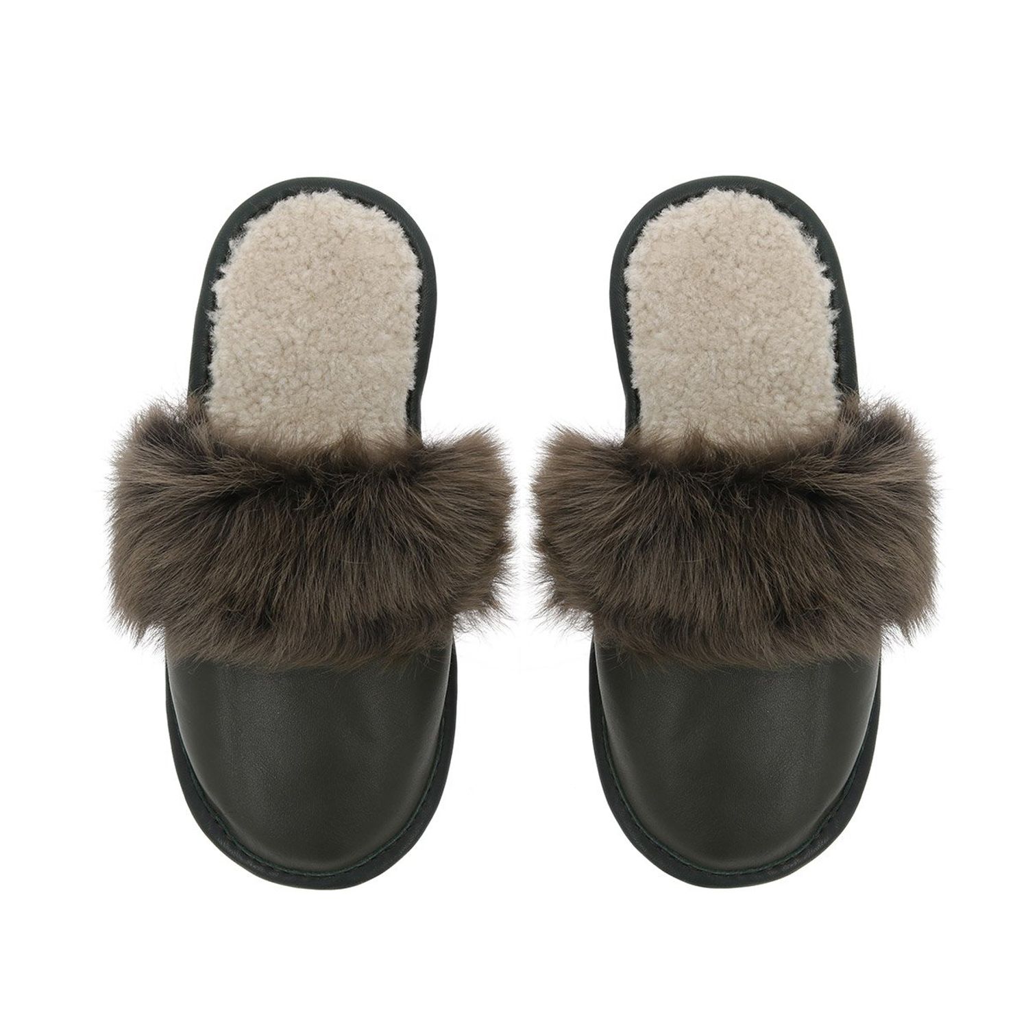 Papuci de casa din blana pufoasa naturala de miel si talpa moale, culoare kaki, marimea 36, MAGAZINUL DE GENTI fotografia produsului View 2 L