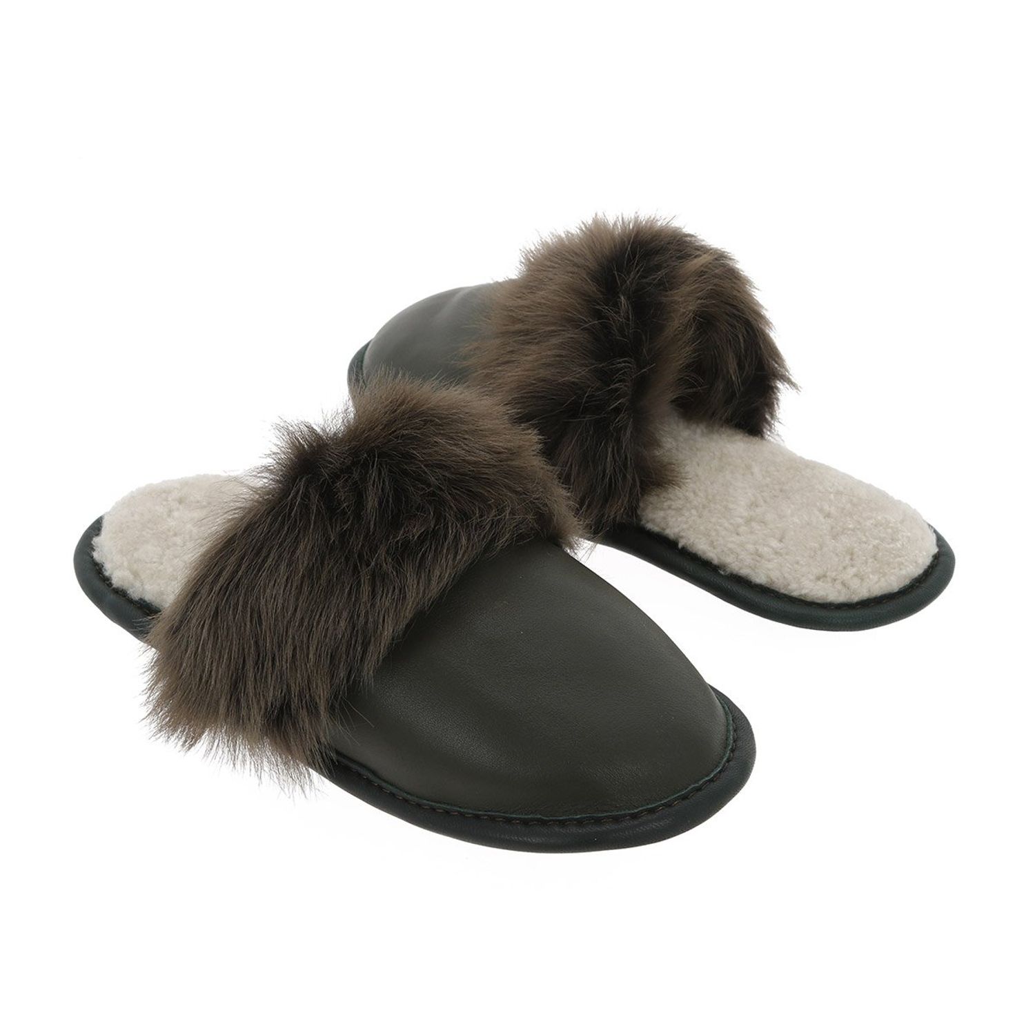 Papuci de casa din blana pufoasa naturala de miel si talpa moale, culoare kaki, marimea 36, MAGAZINUL DE GENTI fotografia produsului View 4 L