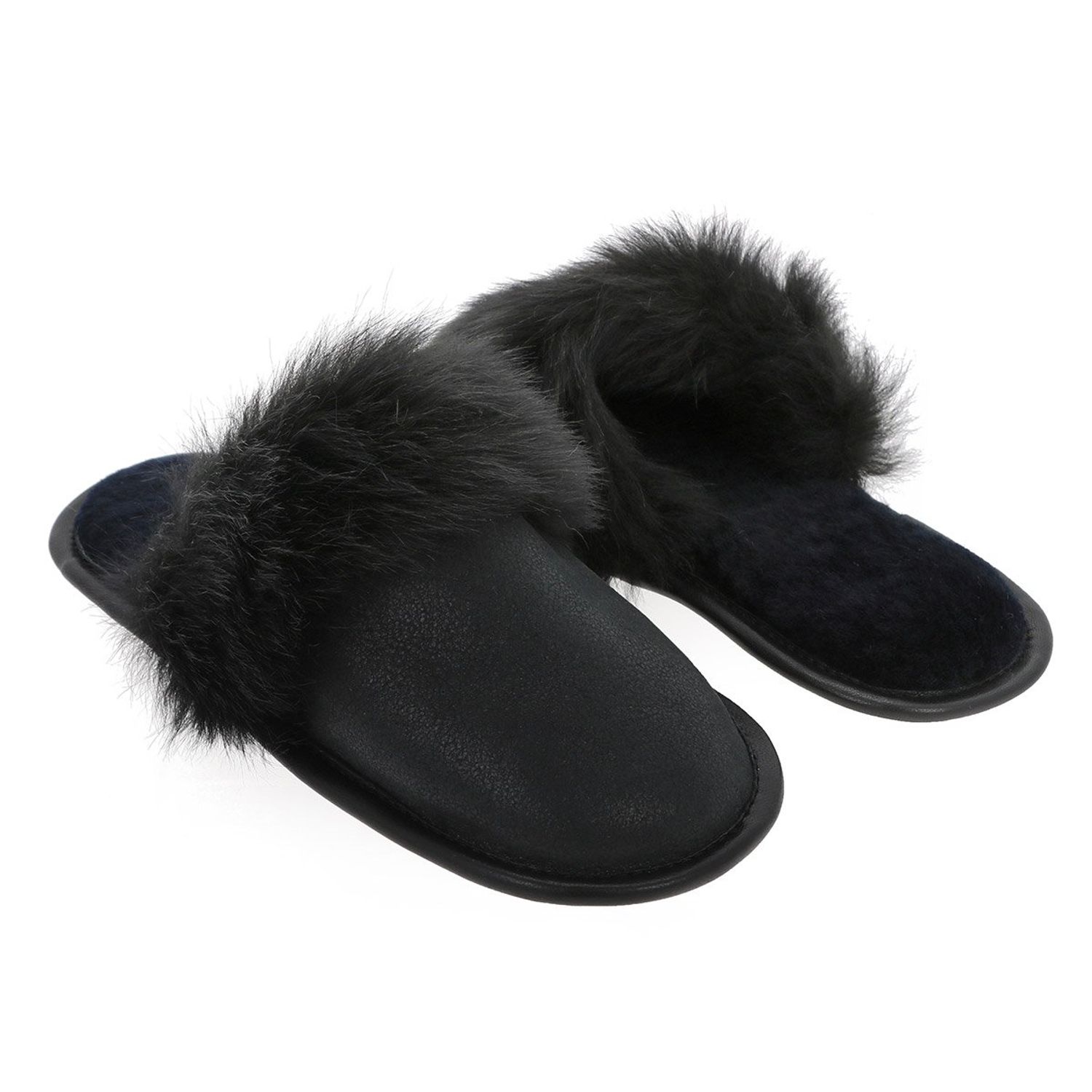 Papuci de casa din blana pufoasa naturala de miel si talpa moale, culoare negru, marimea 37, MAGAZINUL DE GENTI fotografia produsului View 3 L