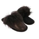 Papuci de casa din blana pufoasa naturala de miel si talpa moale, culoare bronz cu maro inchis, marimea 44, MAGAZINUL DE GENTI fotografia produsului View 3 S