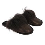Papuci de casa din blana pufoasa naturala de miel si talpa moale, culoare bronz cu maro inchis, marimea 44, MAGAZINUL DE GENTI fotografia produsului