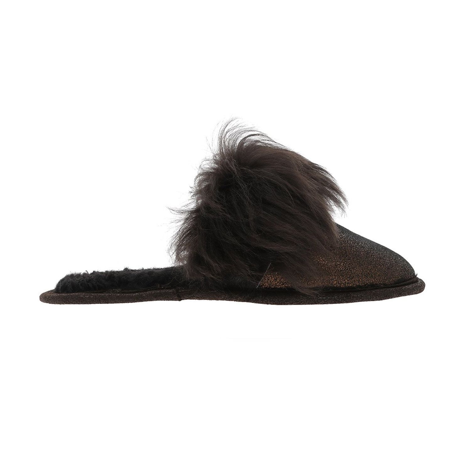 Papuci de casa din blana pufoasa naturala de miel si talpa moale, culoare bronz cu maro inchis, marimea 44, MAGAZINUL DE GENTI fotografia produsului View 4 L