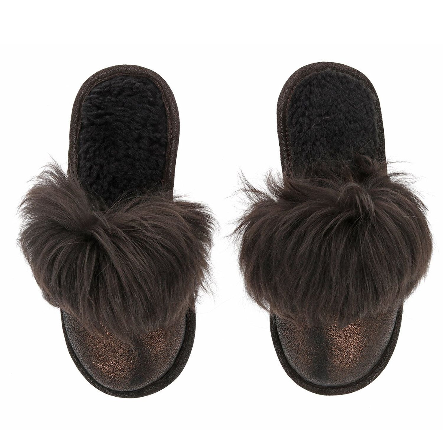 Papuci de casa din blana pufoasa naturala de miel si talpa moale, culoare bronz cu maro inchis, marimea 44, MAGAZINUL DE GENTI fotografia produsului View 2 L