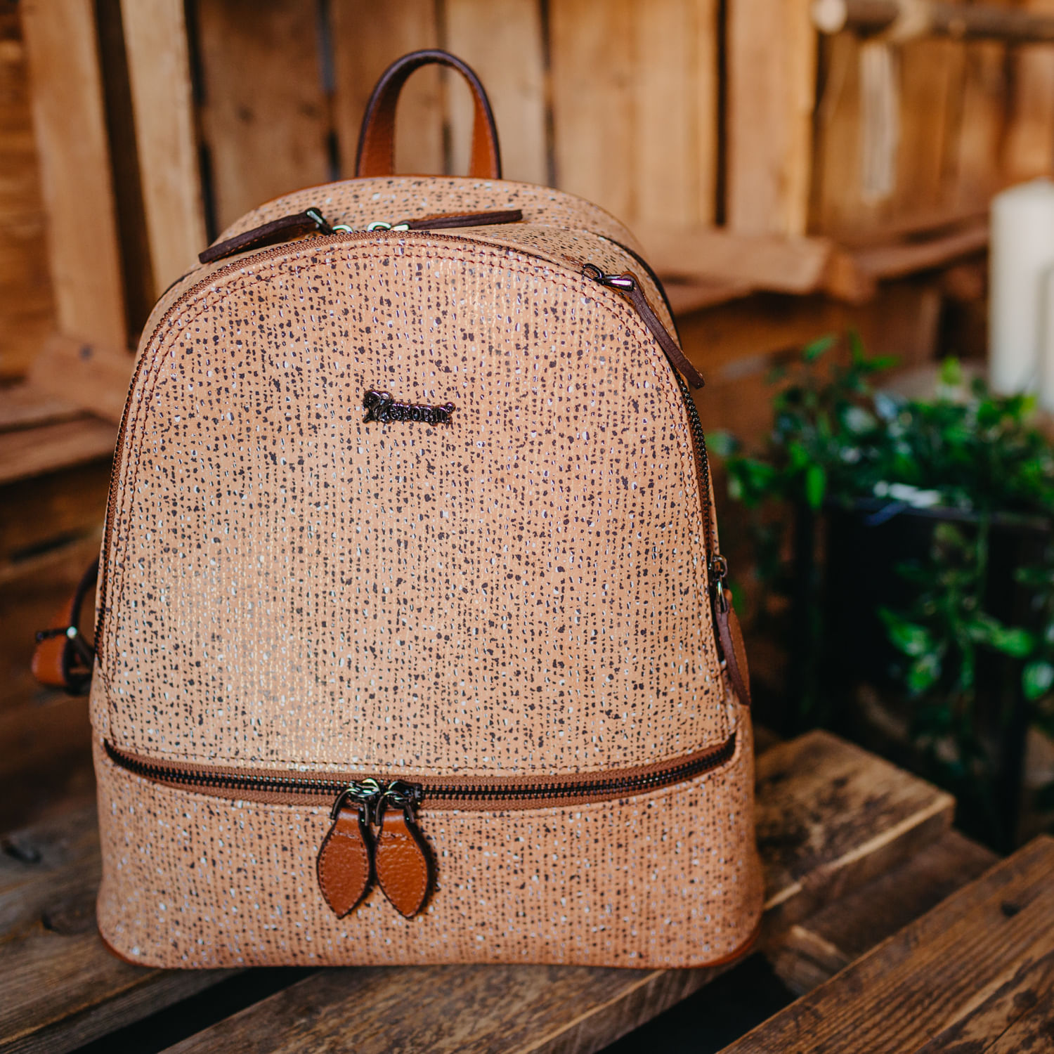 Rucsac de dama din piele naturala, Reform, model 1155, Maro coniac cu imprimeu fotografia produsului View 3 L