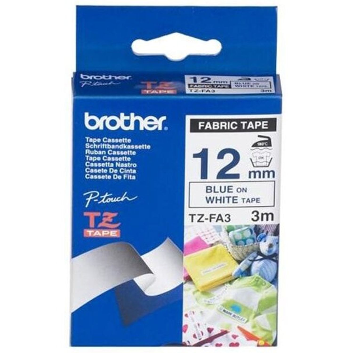 Etichete Brother TZEFA3 Blue on White Fabric Tape, 12mm fotografia produsului