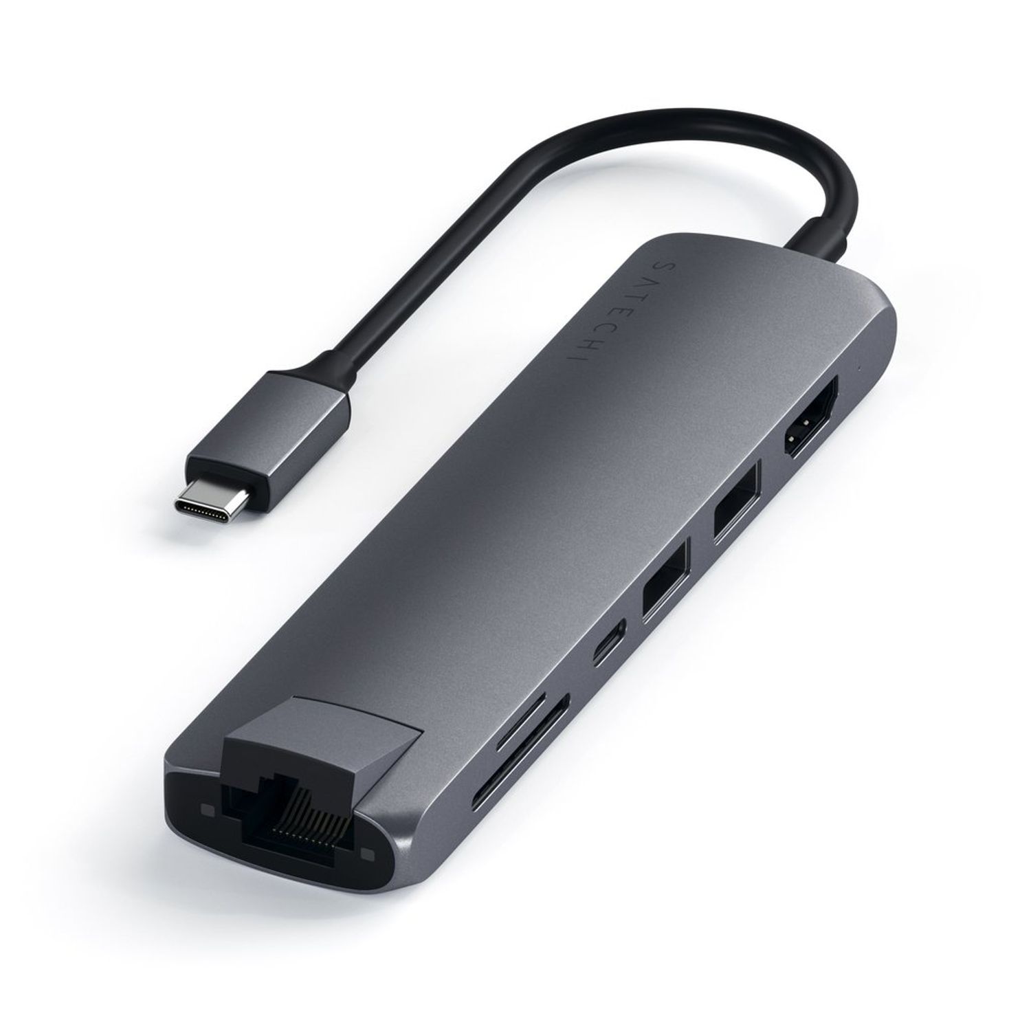 Adaptor USB-C Satechi Slim Multiport 1xHDMI 4K, 2x USB-A,1x SD, 1x Ethernet, Gri spatial fotografia produsului View 4 L