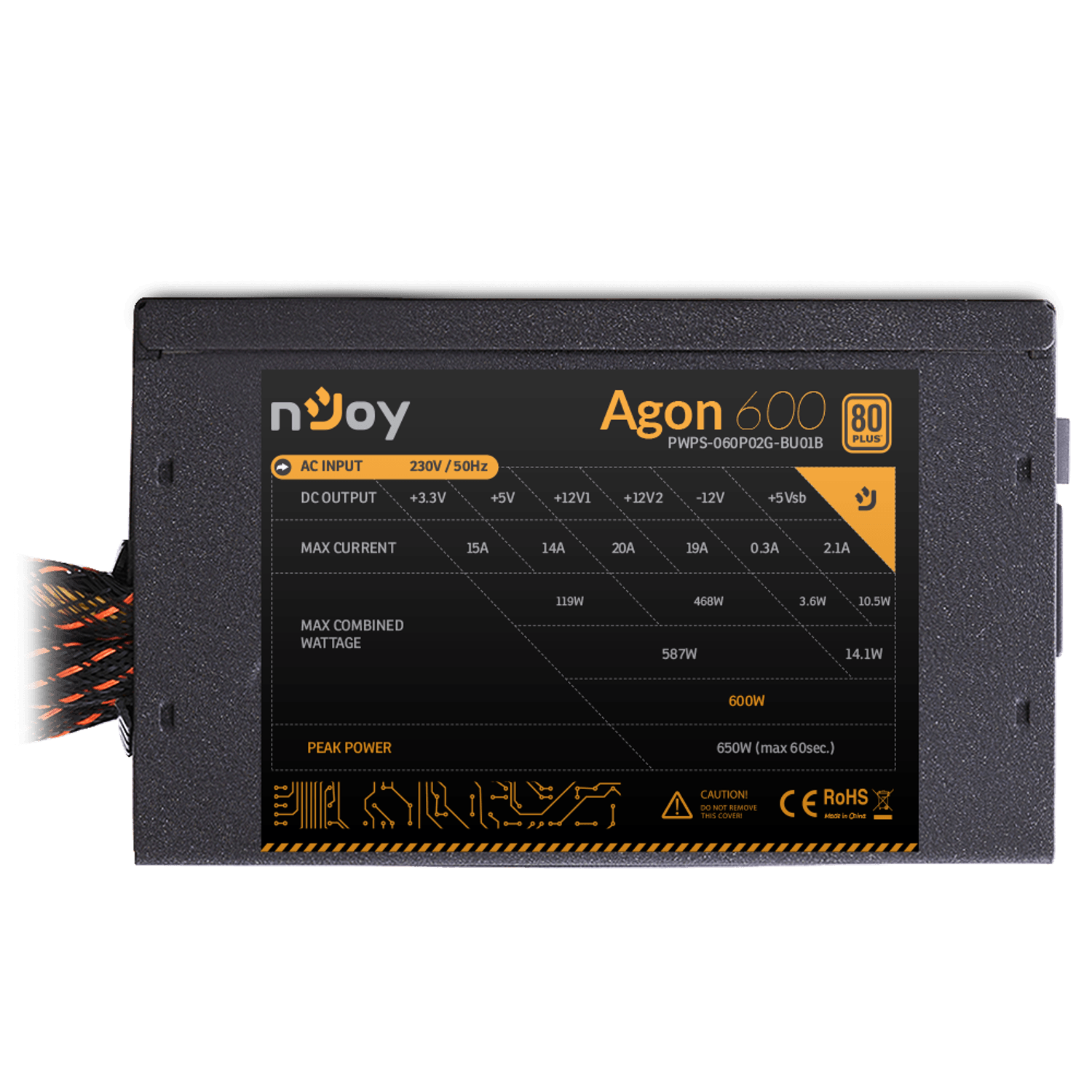 Sursa nJoy Agon 600, 80 Plus, 600W, ATX, PFC Pasiv fotografia produsului View 5 L