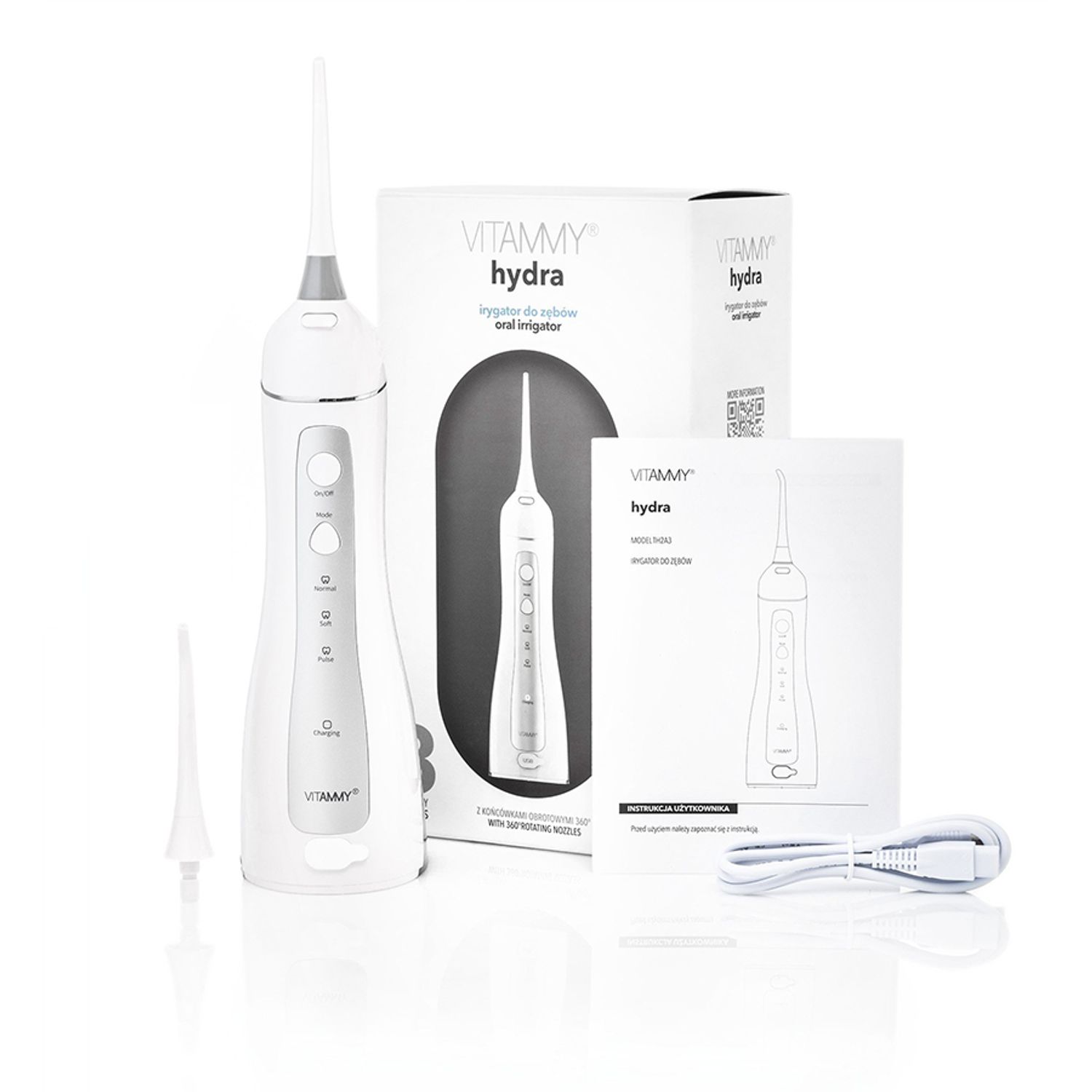 Irigator oral/ dus bucal Vitammy Hydra, profesional, 3 moduri de functionare, rezistent la apa, 2 duze, Alb fotografia produsului View 6 L