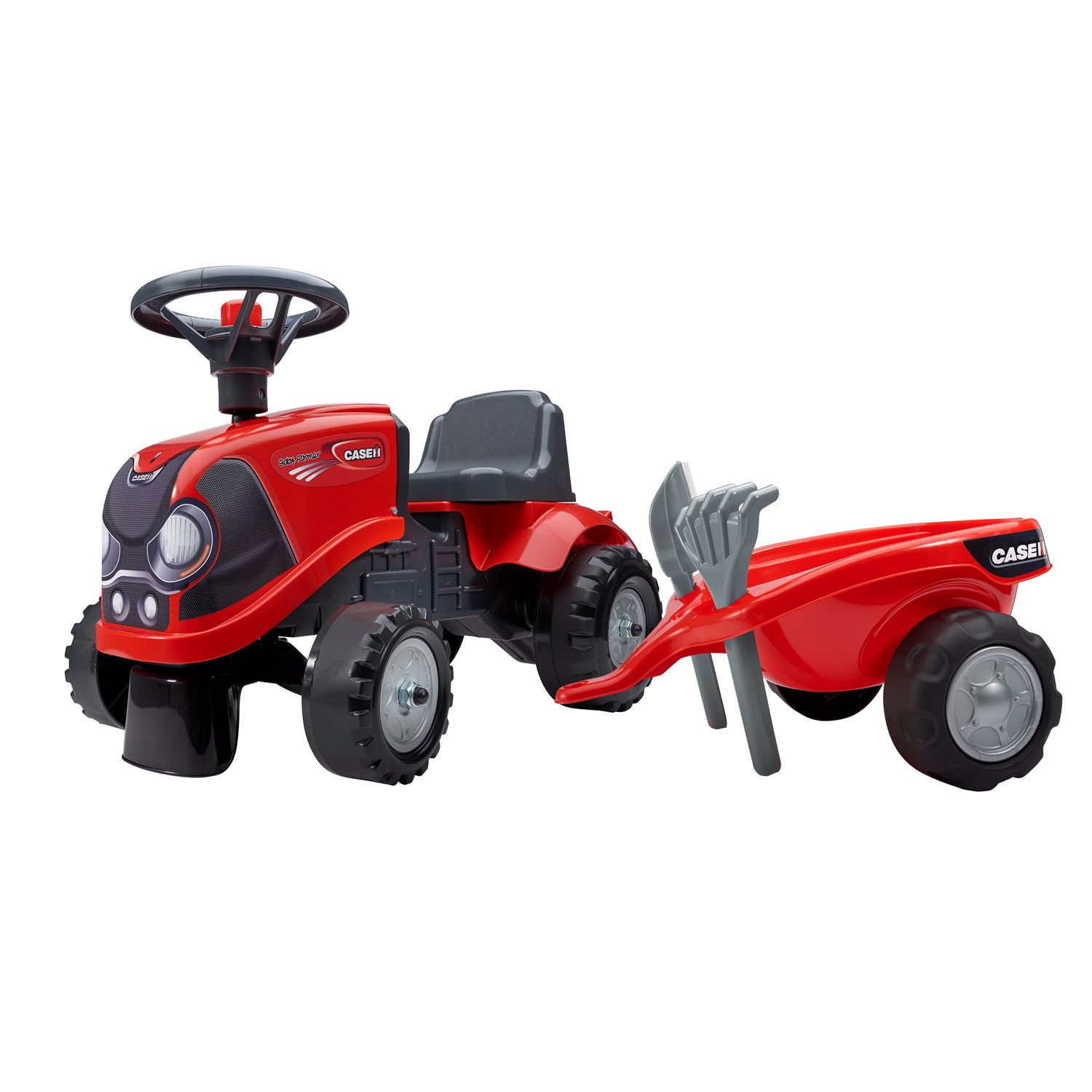 Tractor Falk Case rosu cu trailer, lopata si grebla fotografia produsului