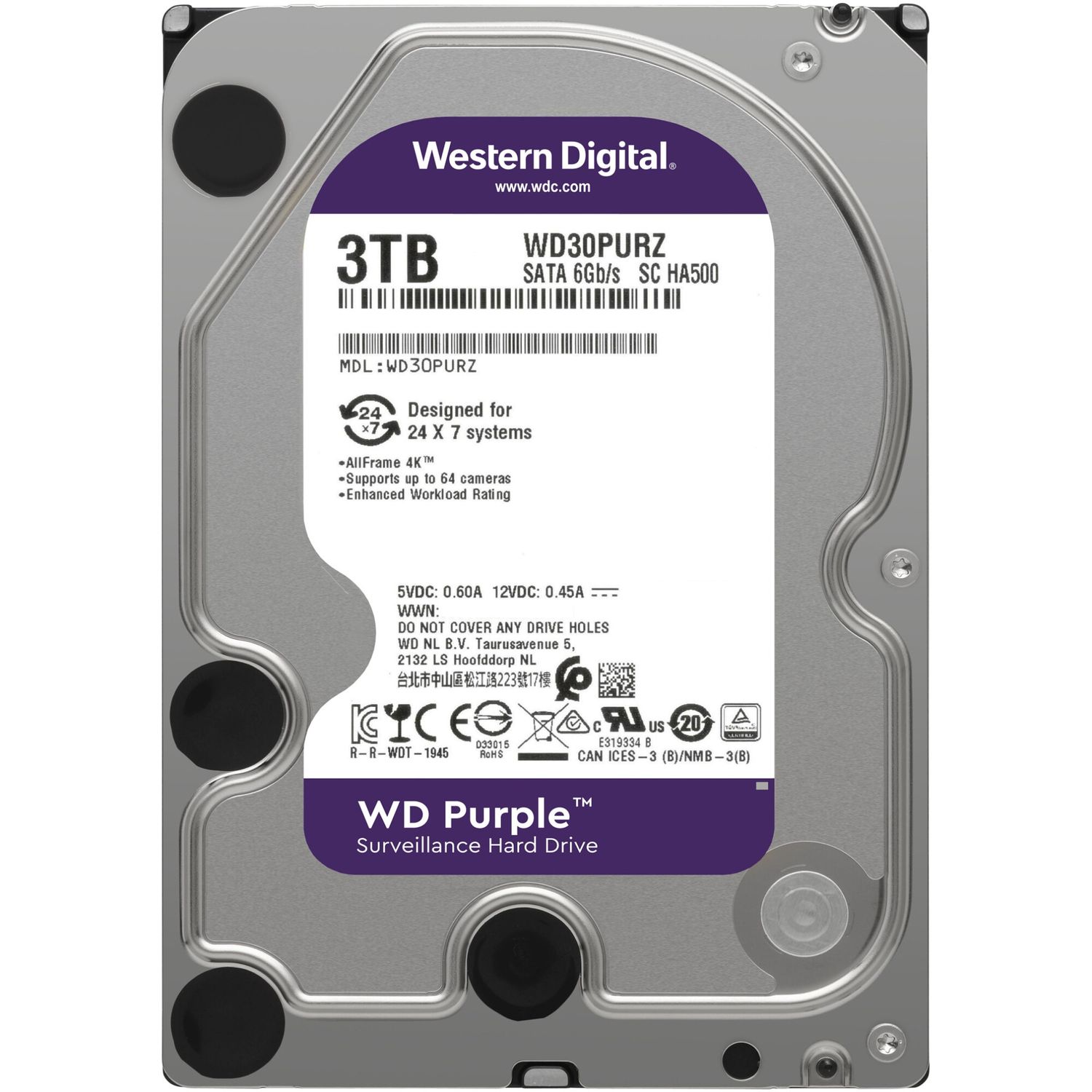 HDD WD New Purple, 3TB, SATA III, 35&rdquo;, 64MB fotografia produsului View 3 L