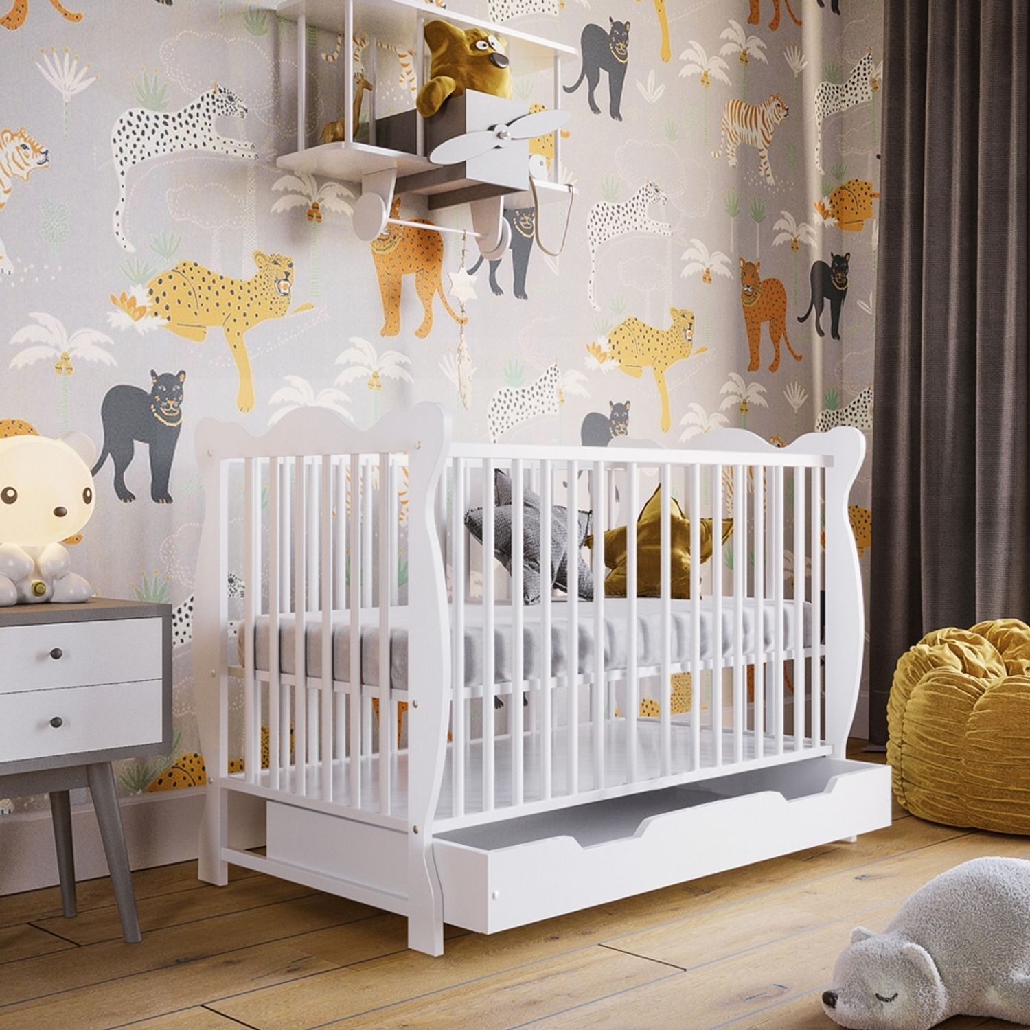 Patut din lemn masiv 120x60 cm Isla alb cu sertar si roti fotografia produsului