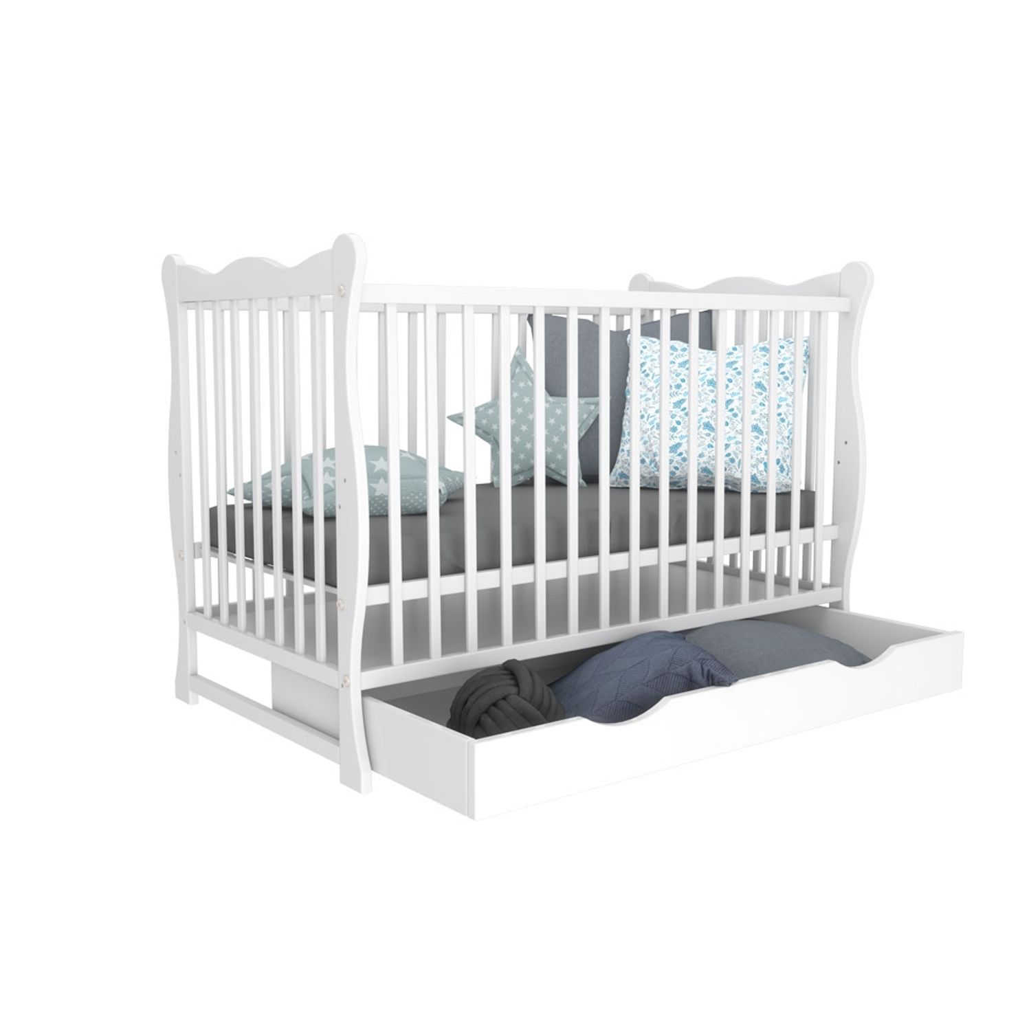 Patut din lemn masiv 120x60 cm Isla alb cu sertar si roti fotografia produsului View 2 L