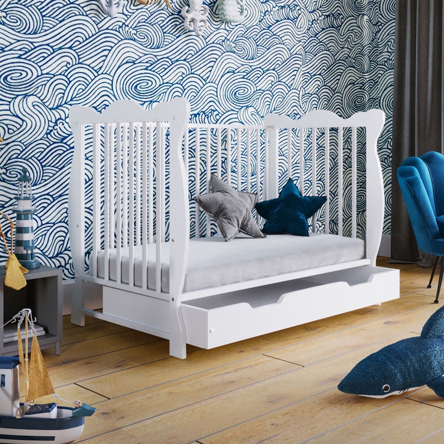 Patut din lemn masiv 120x60 cm Isla alb cu sertar si roti fotografia produsului View 6 L