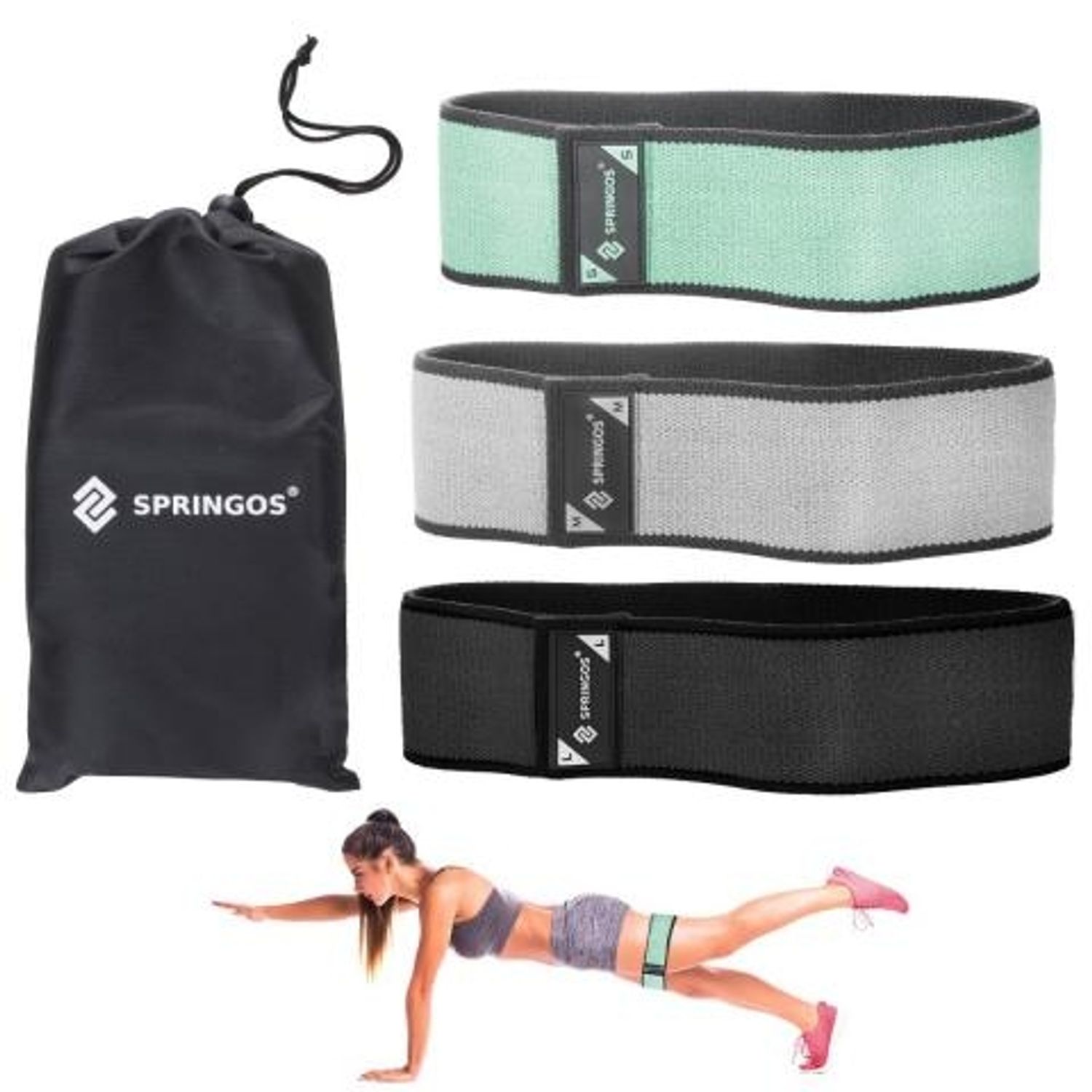 Benzi elastice Hip Band Springos, set 3 bucati rezistenta diferita grey/green/black fotografia produsului