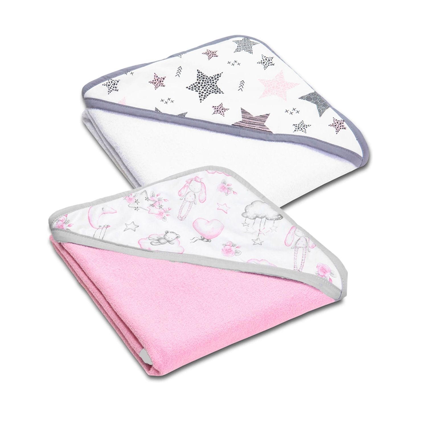 Set doua prosoape din bumbac cu gluga 90x90 cm Kidizi Pink Star Clouds fotografia produsului