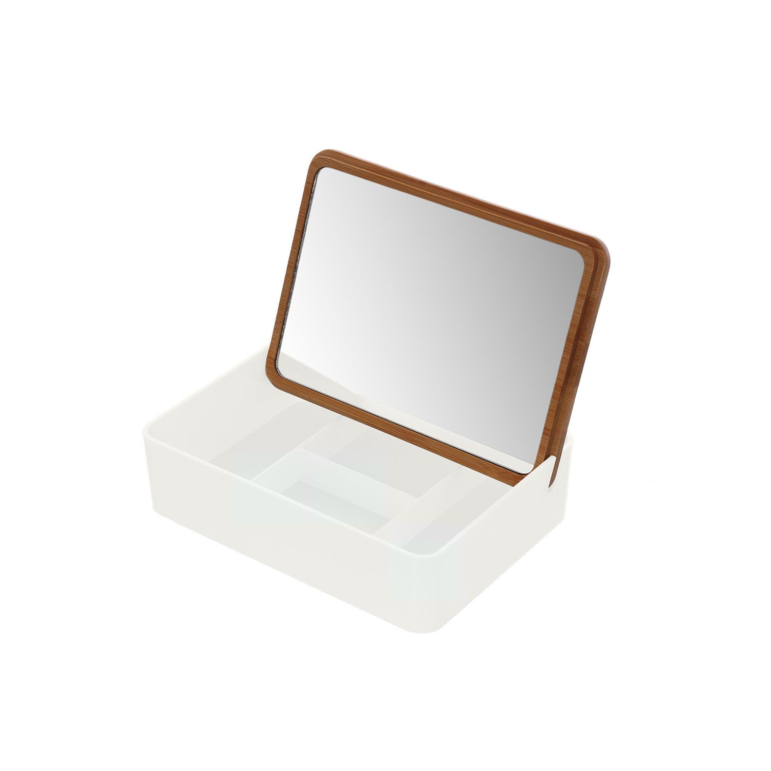 Cutie Feridras Smack pentru bijuterii/cosmetice, cu oglinda, alba cu capac din bambus fotografia produsului