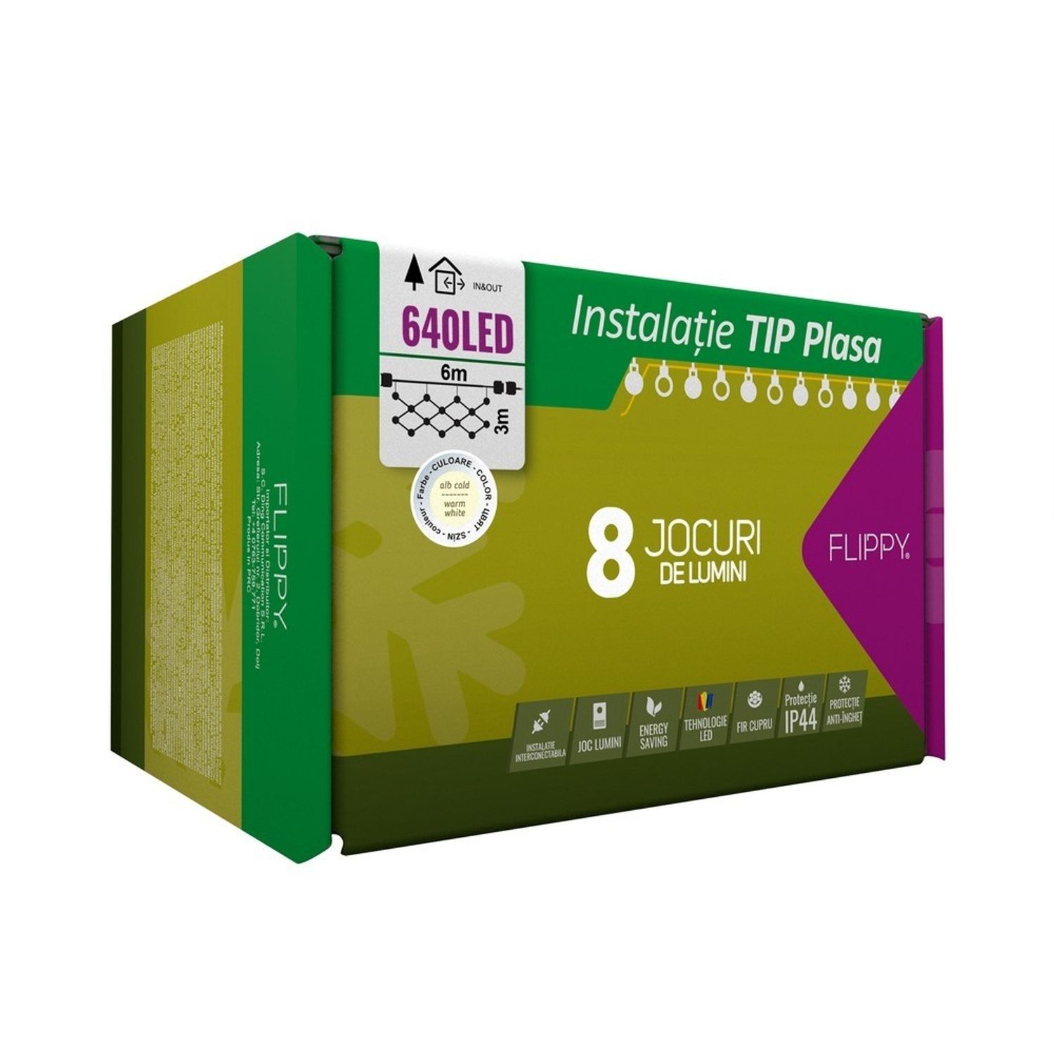 Instalatie Craciun, Tip Plasa, 6 m x 3 m, 640 LED-uri, Alb cald, 8 jocuri de lumini, Transformator, - 6426485182538 fotografia produsului