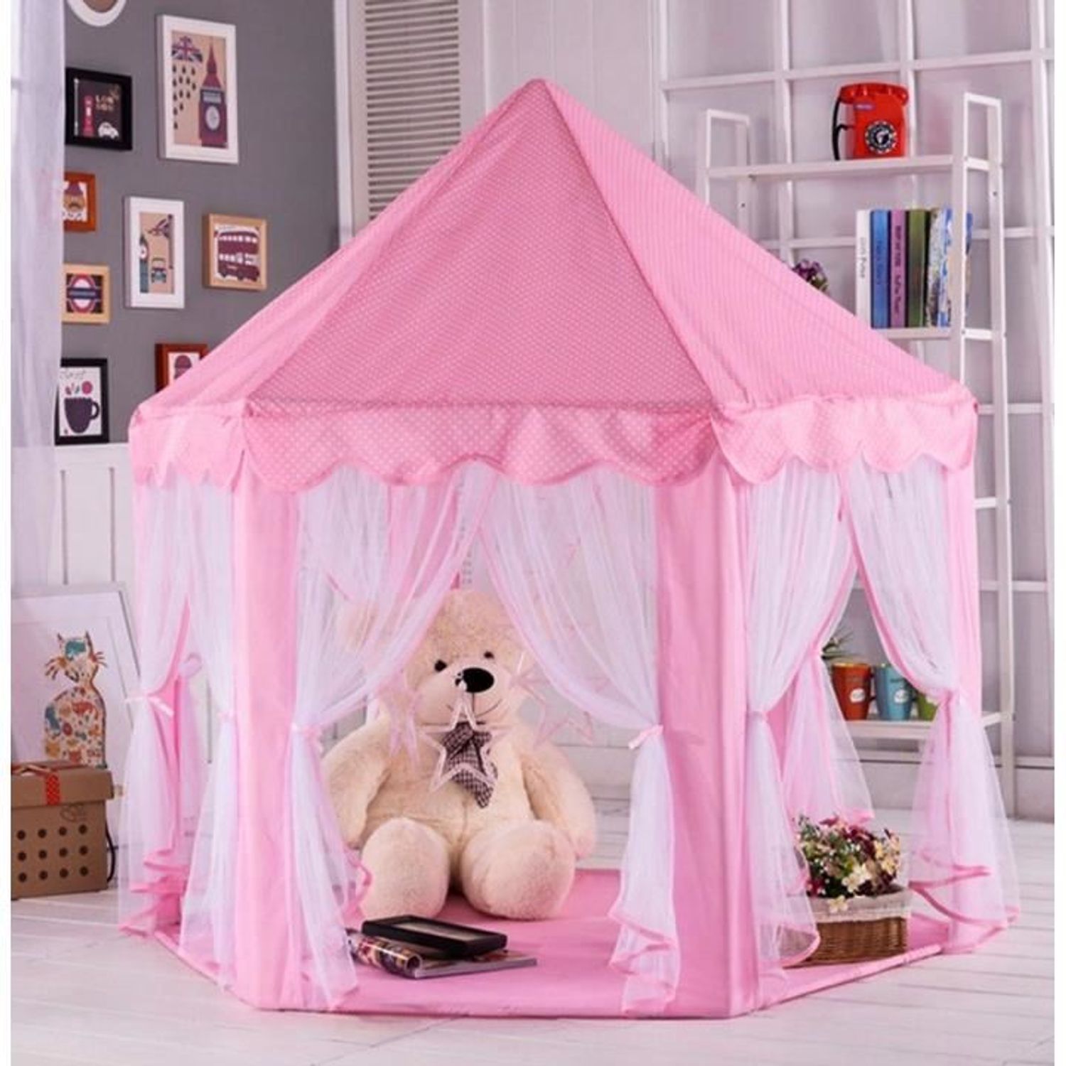 Cort de joaca pentru copii, hexagonal, cu perdele, roz, 135x135x140 cm fotografia produsului View 7 L