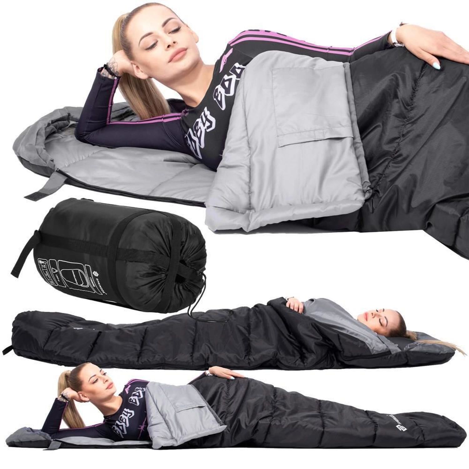 Sac de dormit, turistic, negru si gri, 220x50/80 cm, Springos fotografia produsului View 12 L