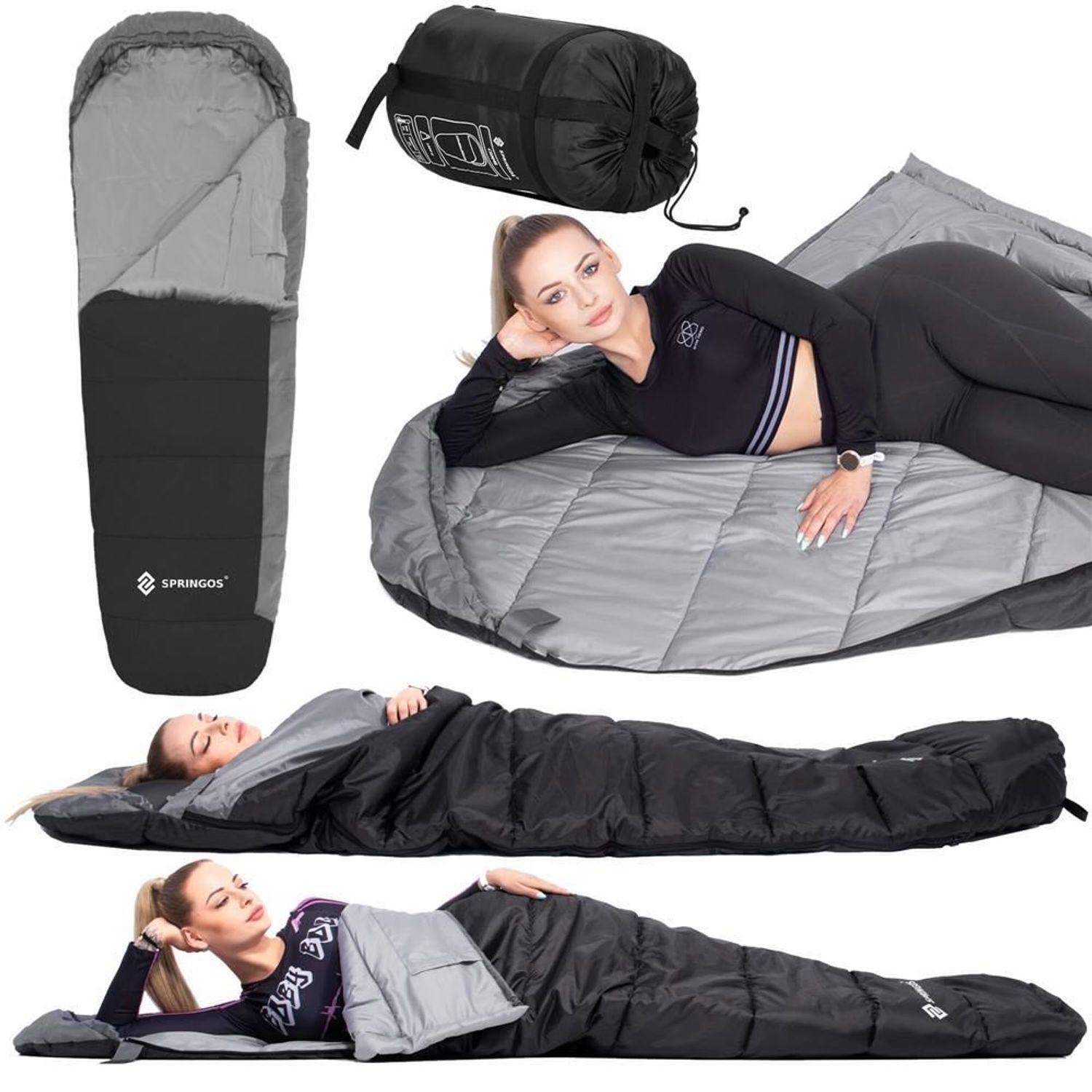 Sac de dormit, turistic, negru si gri, 220x50/80 cm, Springos fotografia produsului View 13 L