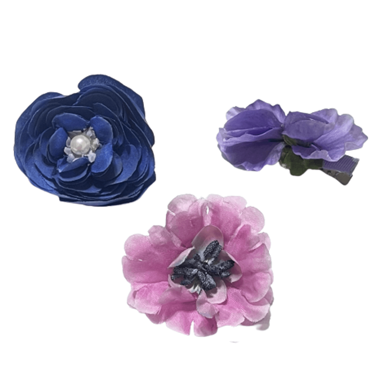 Set agrafe de par, Handmade, Flori, Clipsuri metalice, Textil, Metal, 3 bucati, Albastru, Mov fotografia produsului