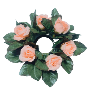 Coronita Decorativa Pentru Lumanari Sau Mici Figurine, Cu 6 Trandafiri, Textil, Plastic, 13 Cm, Somon Pal, Verde Inchis