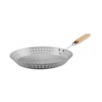 Grill, pentru gratar, rotund, tip tigaie, maner detasabil lemn, 32x4 cm