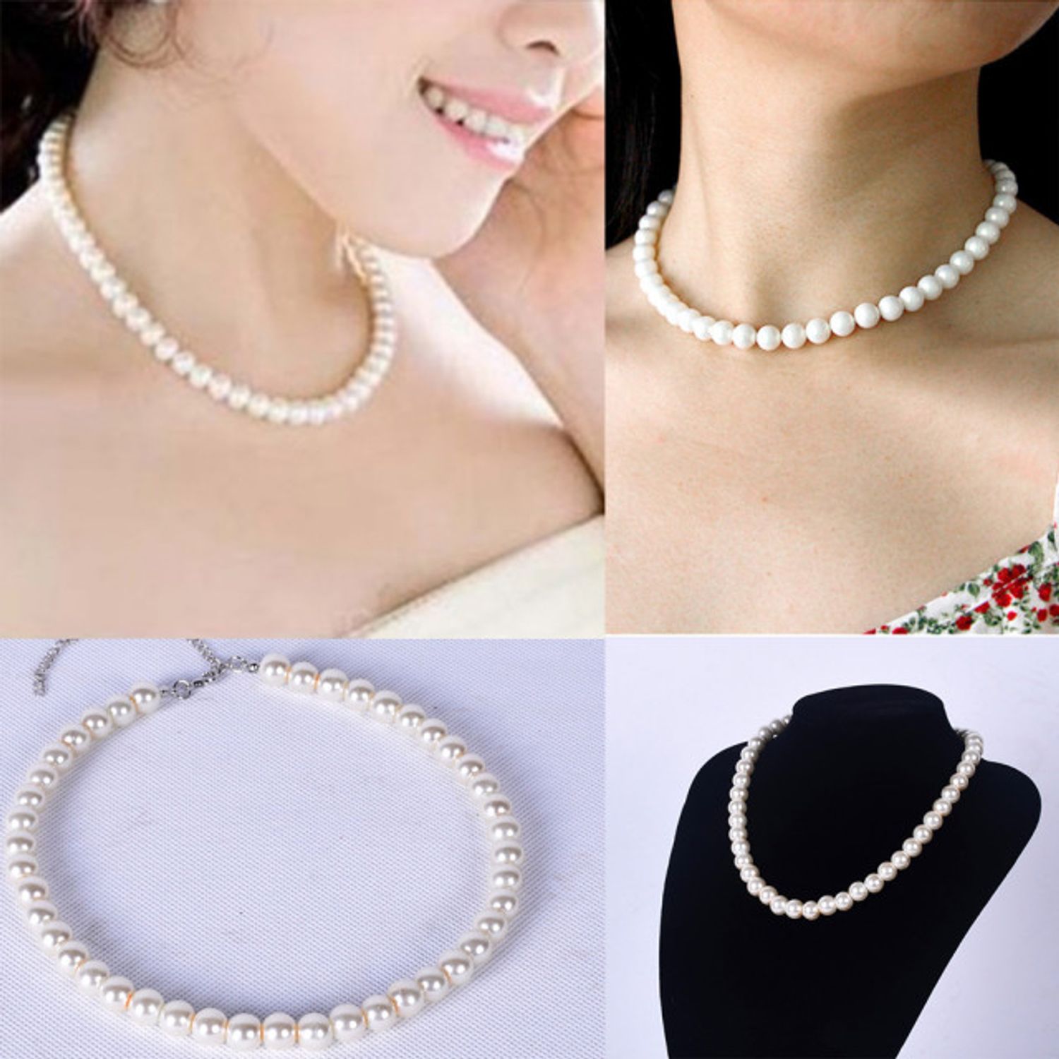 Colier de dama scurt cu perle acrilice albe, model White gravel fotografia produsului View 4 L