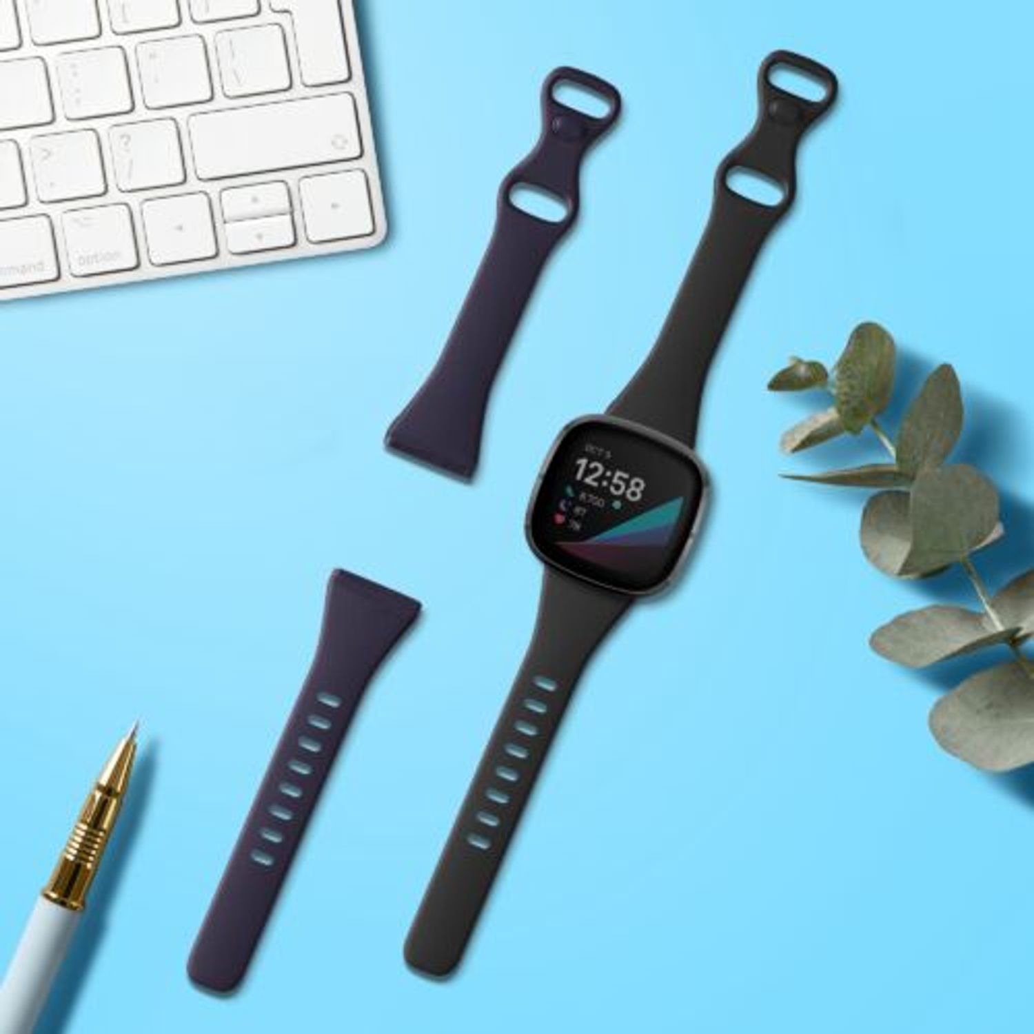 Set 2 curele pentru Fitbit Versa 4/Sense 2, Kwmobile, Negru/Albastru, Silicon, 58873.01 fotografia produsului View 3 L