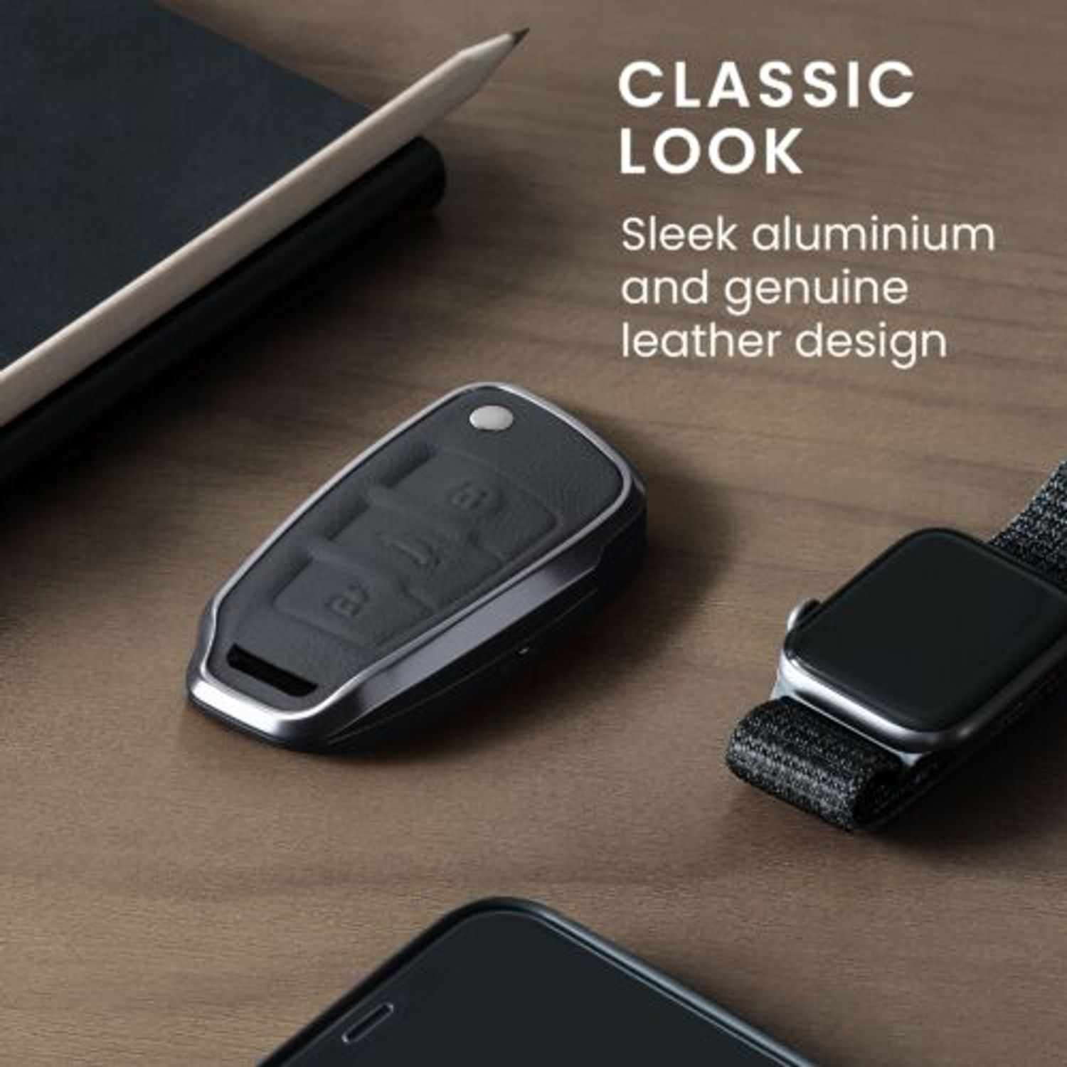 Husa Cheie Auto pentru Audi, 3 Butoane, Kwmobile, Piele naturala/Aluminiu, Negru/Gri, 56377.19 fotografia produsului View 5 L