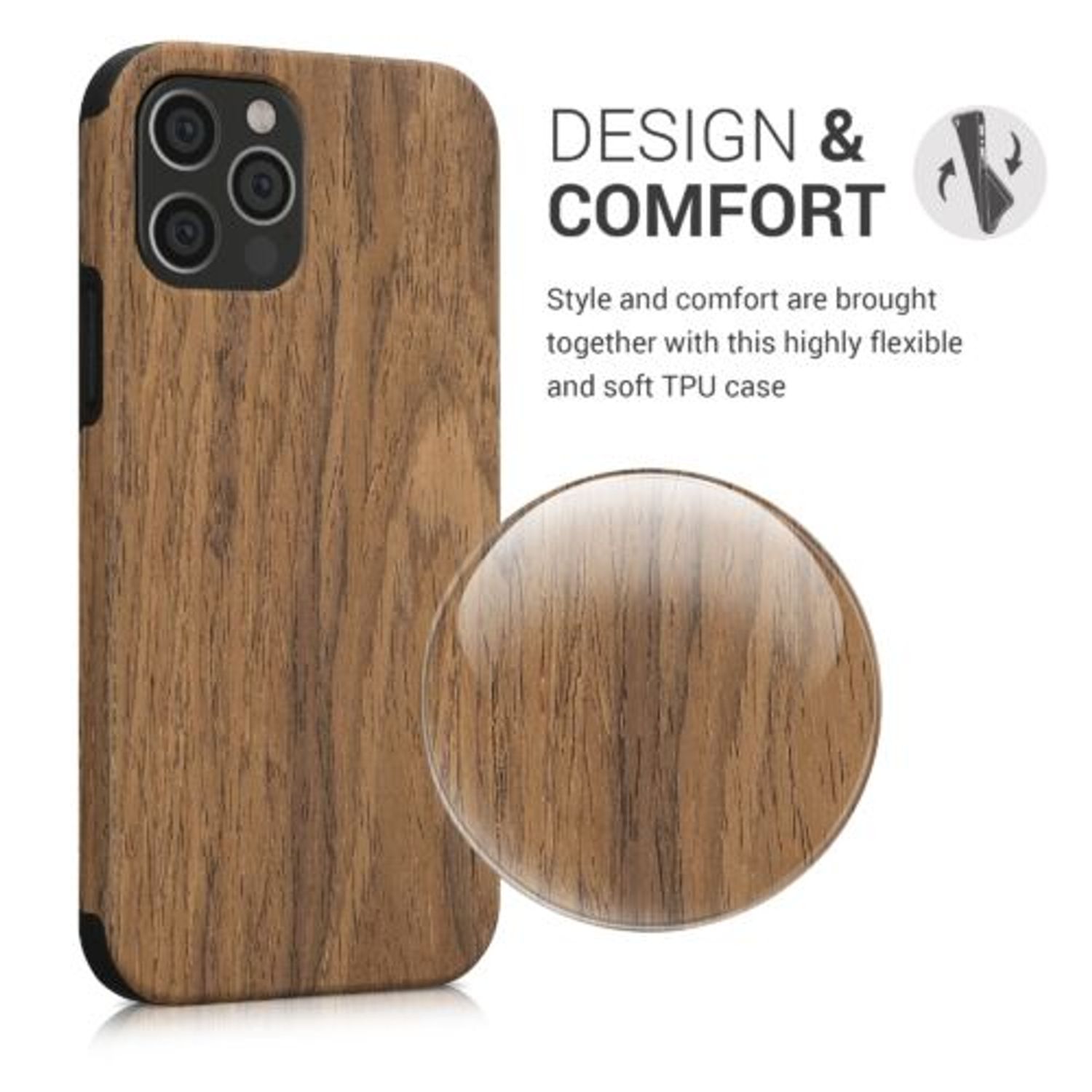 Husa Kwmobile pentru Apple iPhone 12/iPhone 12 Pro, Lemn, Maro, 58298.01 fotografia produsului View 3 L