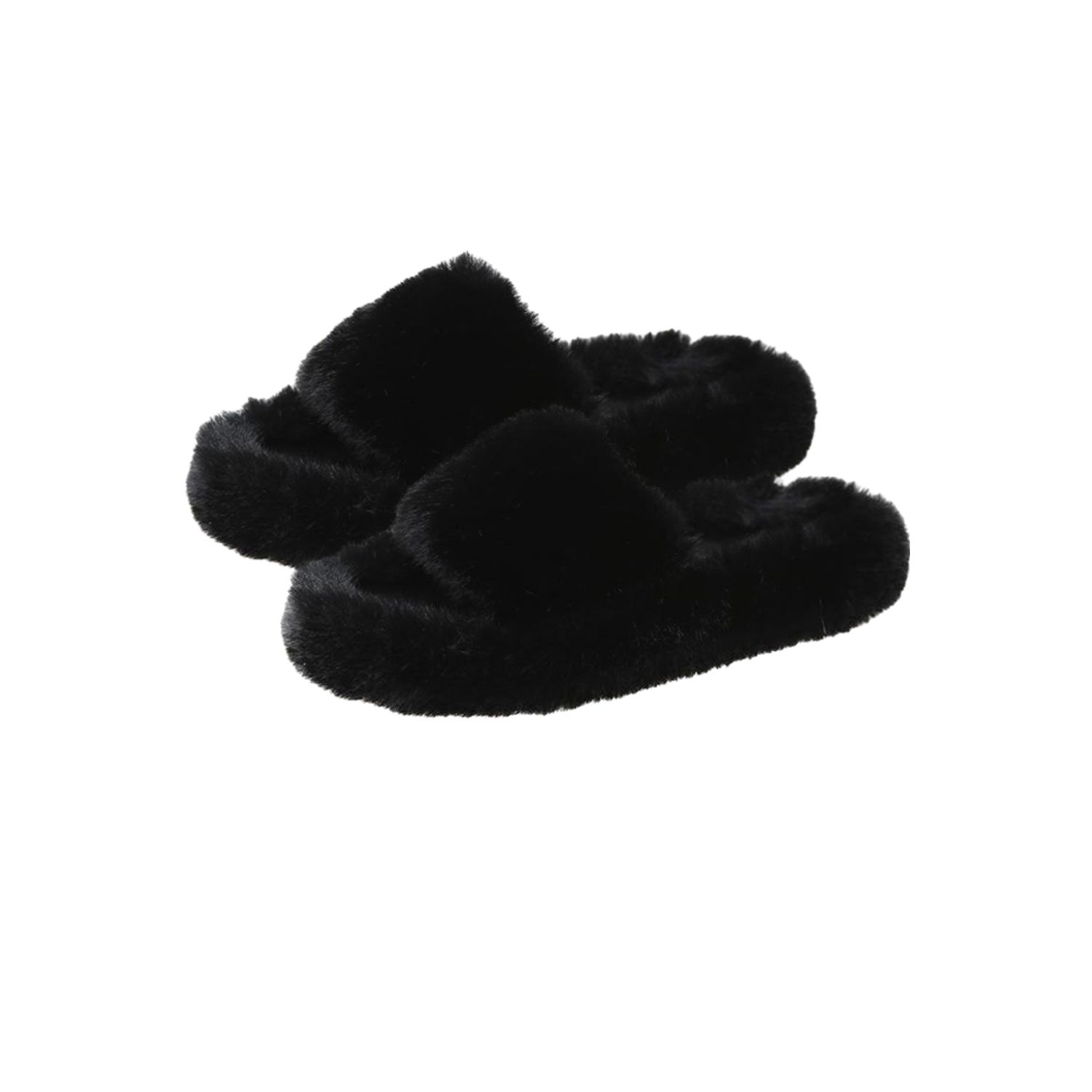 Papuci de casa dama, Quasar & Co.®, Model Fluffy, talpa groasa 2,8 cm, blana artificiala, marimea 39, negru fotografia produsului