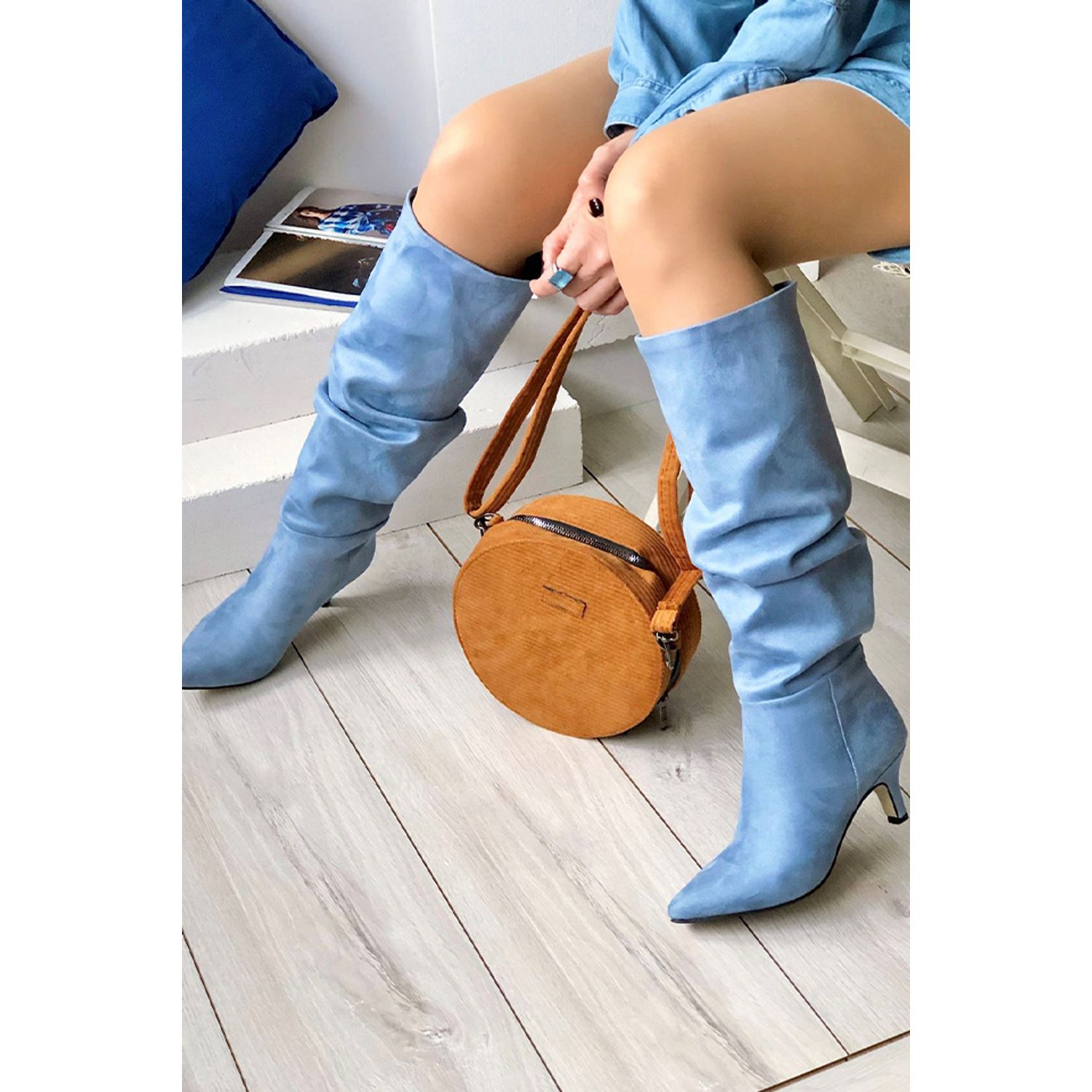 Cizme dama, YDA Collezione, model Laura, varf ascutit, piele intoarsa ecologica, 44 cm inaltime, toc 6 cm, marime 39, bleu fotografia produsului View 10 L