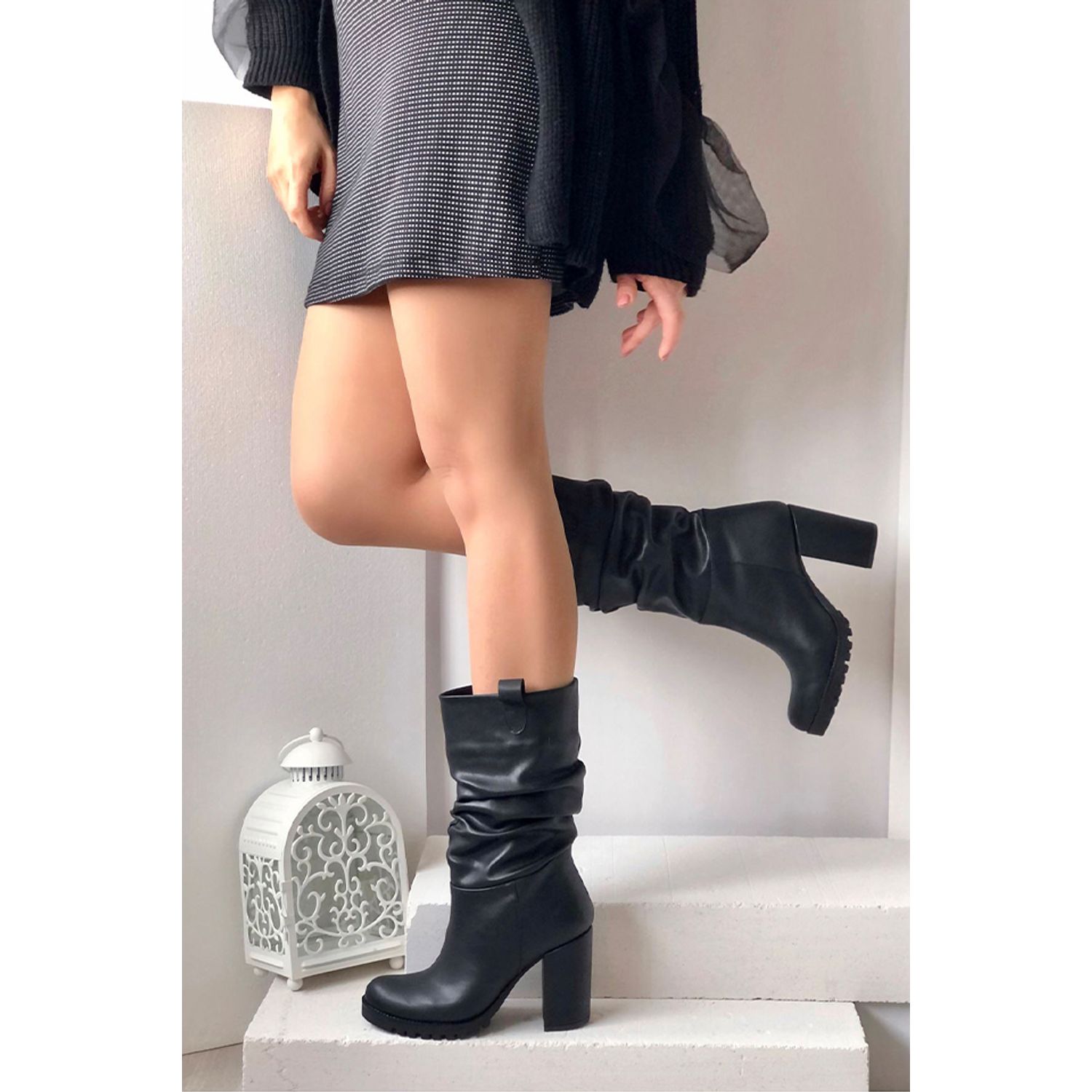 Cizme dama, YDA Collezione, model Cora, varf rotund, piele ecologica, 32 cm inaltime, toc 9,5 cm, marimea 39, negru fotografia produsului View 6 L