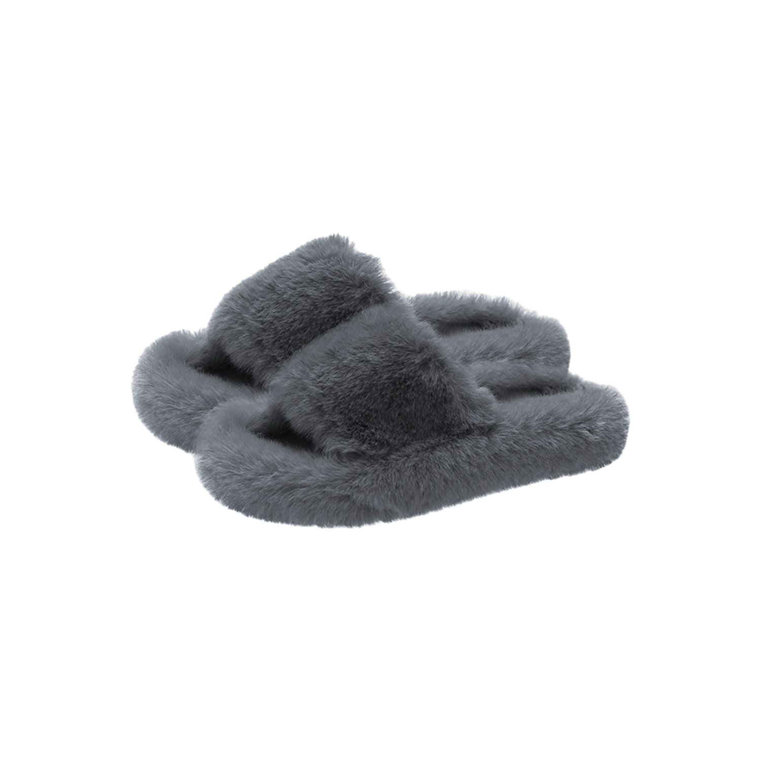 Papuci de casa dama, Quasar & Co.®, Model Fluffy, talpa groasa 2,8 cm, blana artificiala, marimea 41, gri inchis fotografia produsului
