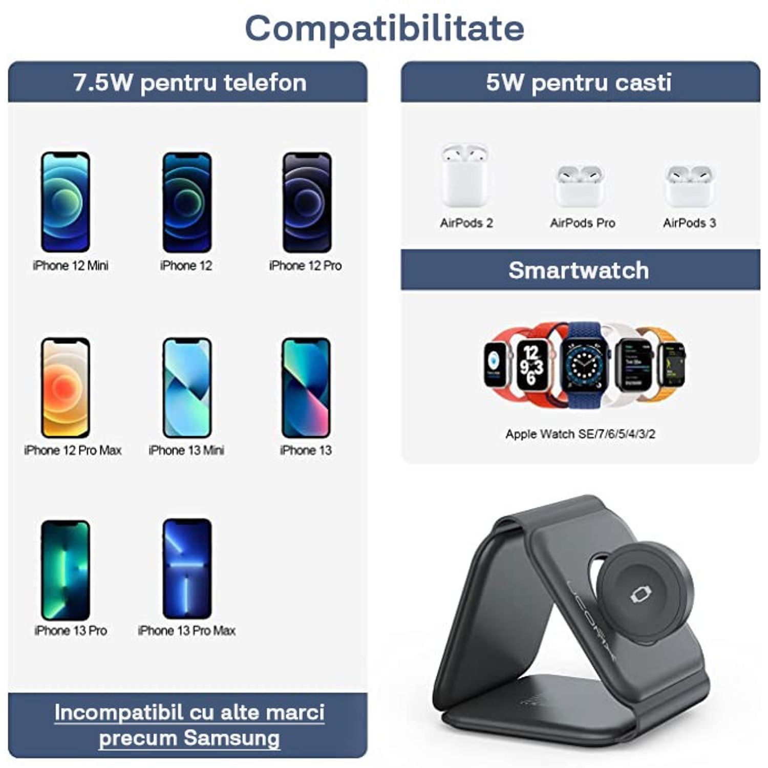 Incarcator wireless magnetic pliabil 3in1, Qyntech, negru fotografia produsului View 3 L