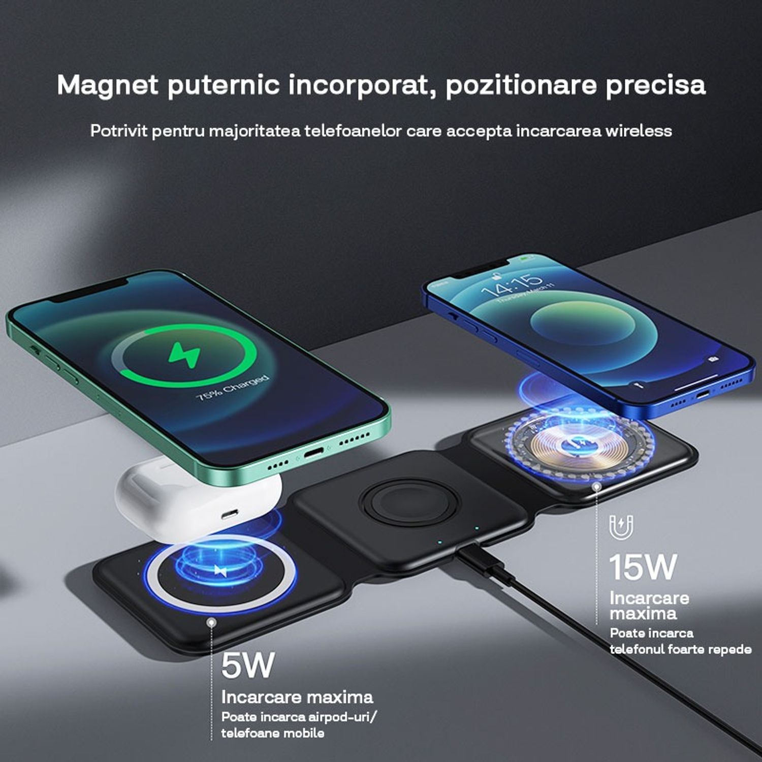 Incarcator wireless magnetic pliabil 3in1, Qyntech, negru fotografia produsului View 2 L