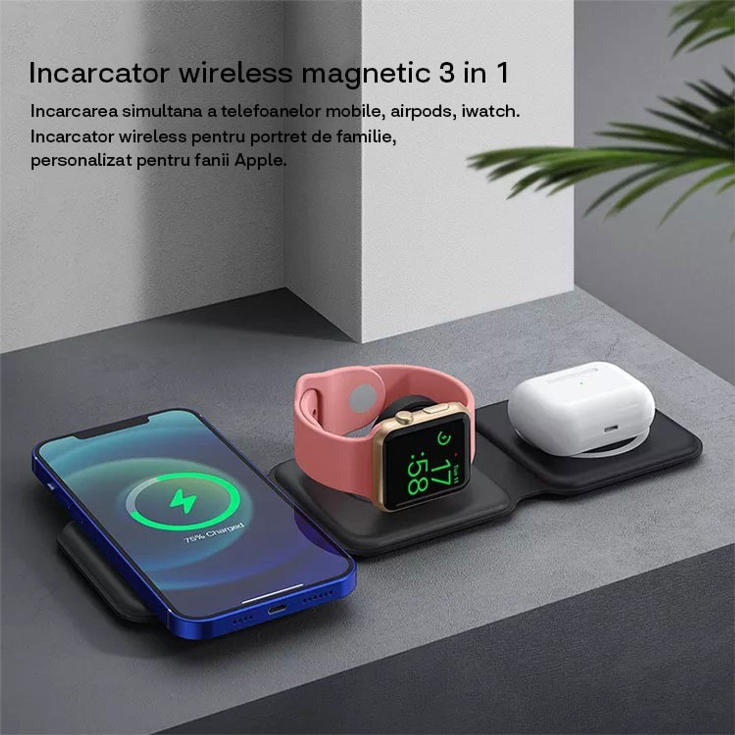 Incarcator wireless magnetic pliabil 3in1, Qyntech, negru fotografia produsului View 6 L
