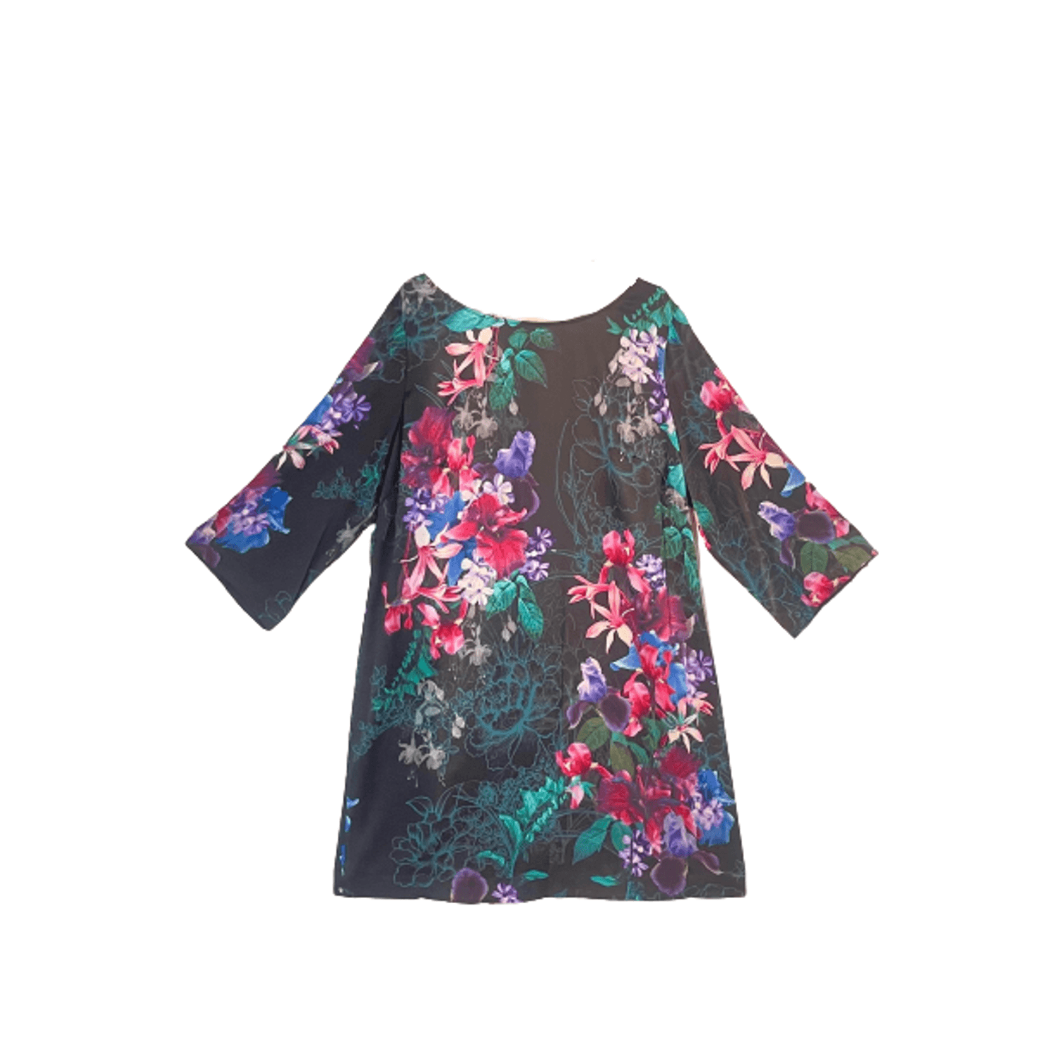 Rochie dama, Monsoon, Eleganta, Midi, Imprimeu floral tropical, Maneci trei sferturi, Matase naturala, Marime 46 EU, Negru, Ciclam fotografia produsului View 2 L