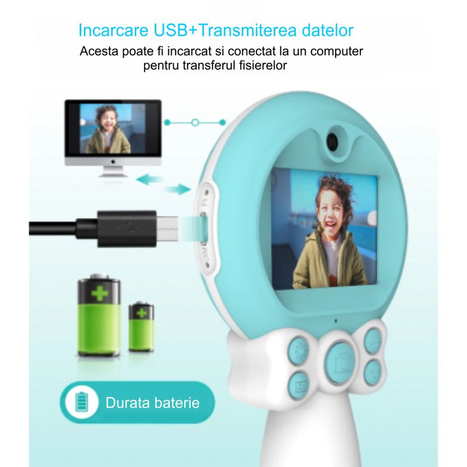 Aparat foto copii, SMARTIC &reg;, full HD, Magic Mirror V2, display 2.0 inch, blitz de tip LED, BPA free, Albastru/Alb fotografia produsului View 3 L