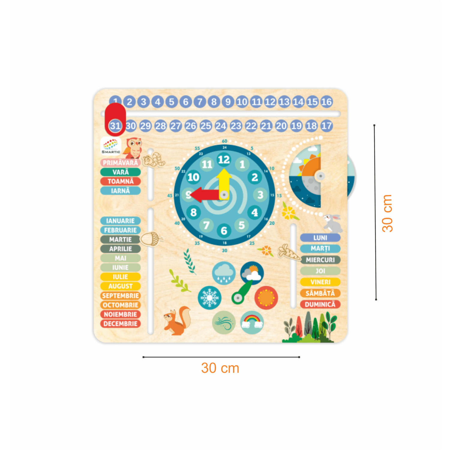 Tablita din lemn &ldquo;Calendarul naturii&rdquo;, 6 activitati, Design Bufnita, Limba Romana, 30x30 cm, Smartic&reg;, multicolor fotografia produsului View 2 L