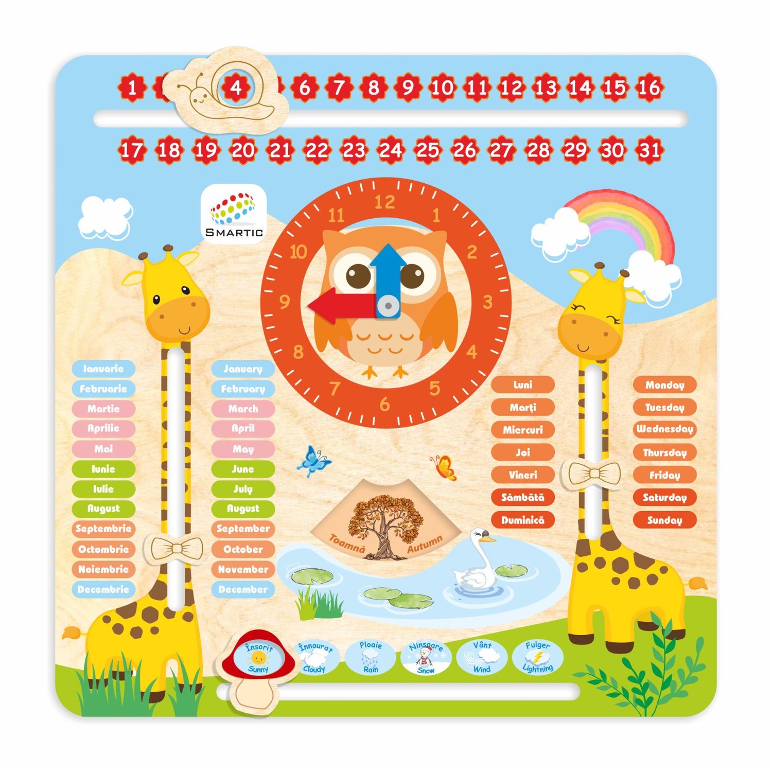 Tablita din lemn &ldquo;Calendarul naturii&rdquo;, 5 activitati, Design Girafa, Limba Romana si Engleza, 30x30 cm, Smartic&reg;, multicolor fotografia produsului