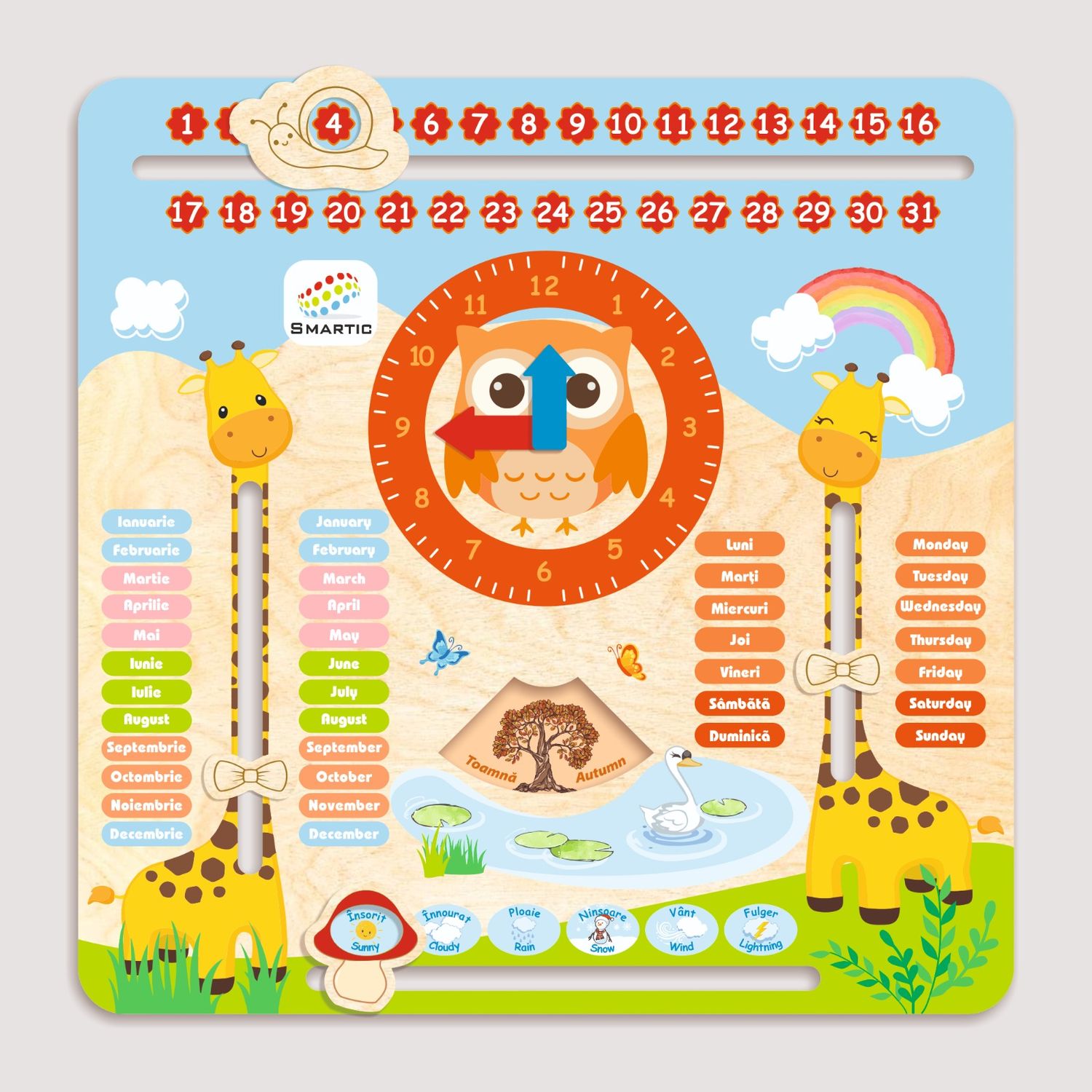 Tablita din lemn &ldquo;Calendarul naturii&rdquo;, 5 activitati, Design Girafa, Limba Romana si Engleza, 30x30 cm, Smartic&reg;, multicolor fotografia produsului View 6 L